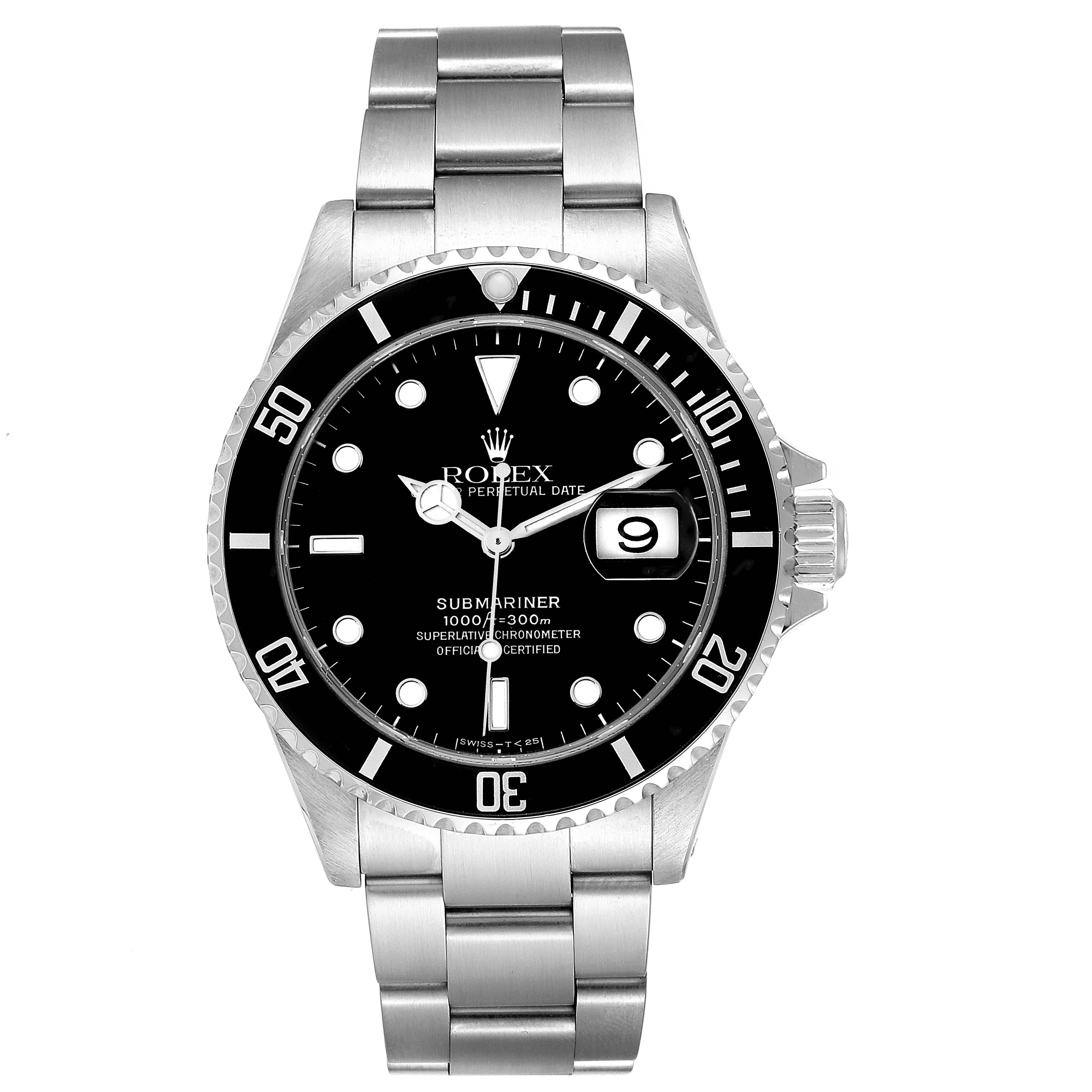 The image shows a front view of the Rolex Submariner 16610 Men
s Stainless Steel Black Dial 16610 Men
s Stainless Steel Black Dial watch, displaying its black dial, bezel, and stainless steel bracelet.