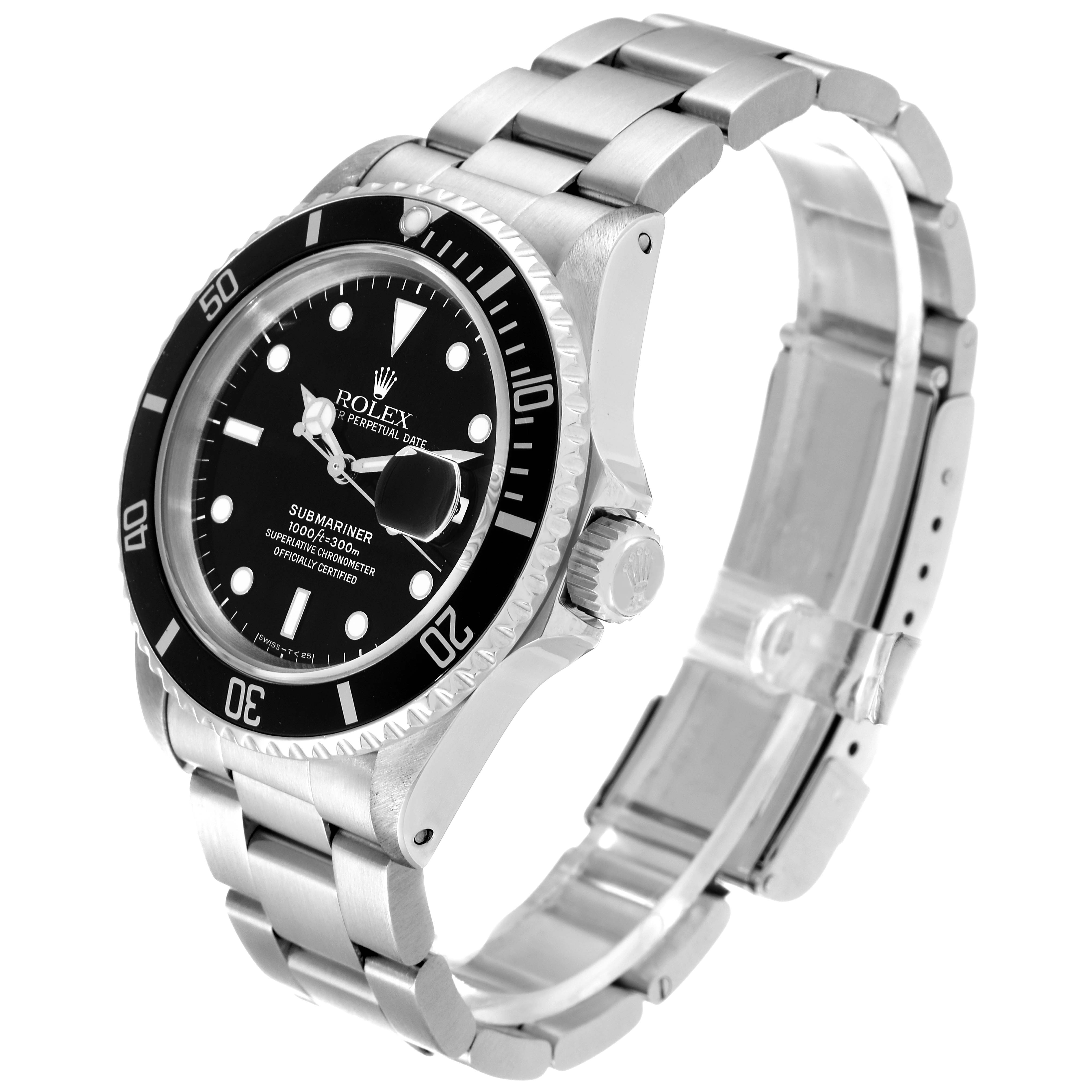 The image shows a Rolex Submariner 16610 Men
s Stainless Steel Black Dial 16610 Men
s Stainless Steel Black Dial watch at a three-quarter view, highlighting the dial, bezel, crown, and bracelet.