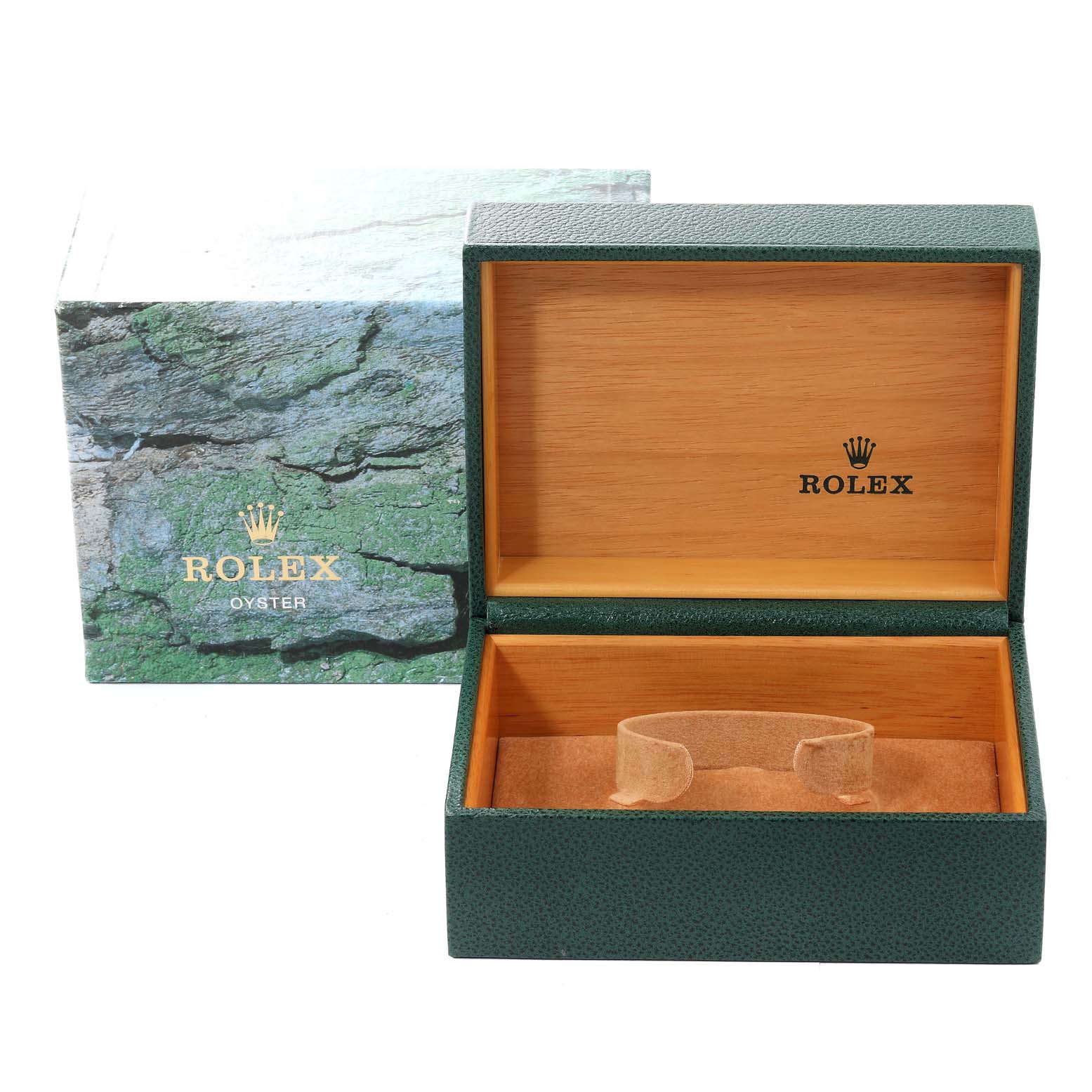 The image shows an open green Rolex Submariner 16610 Men
s Stainless Steel Black Dial 16610 Men
s Stainless Steel Black Dial watch box with an inner cushion, with the outer box nearby.