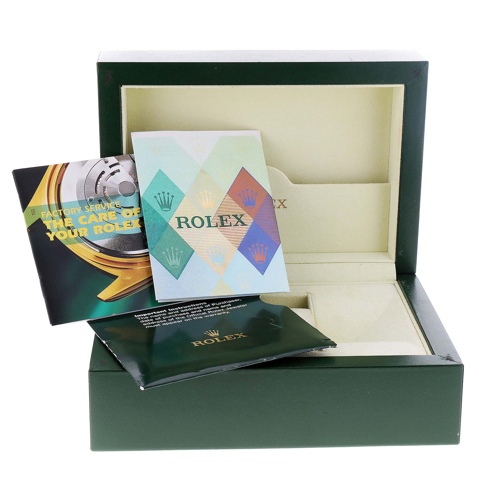 The image shows the box and accessories of a Rolex Submariner 16613 Men's Steel and Gold (two tone) Champagne Dial 16613 Men's Steel and Gold (two tone) Champagne Dial, including manuals and a warranty card, viewed from the front.