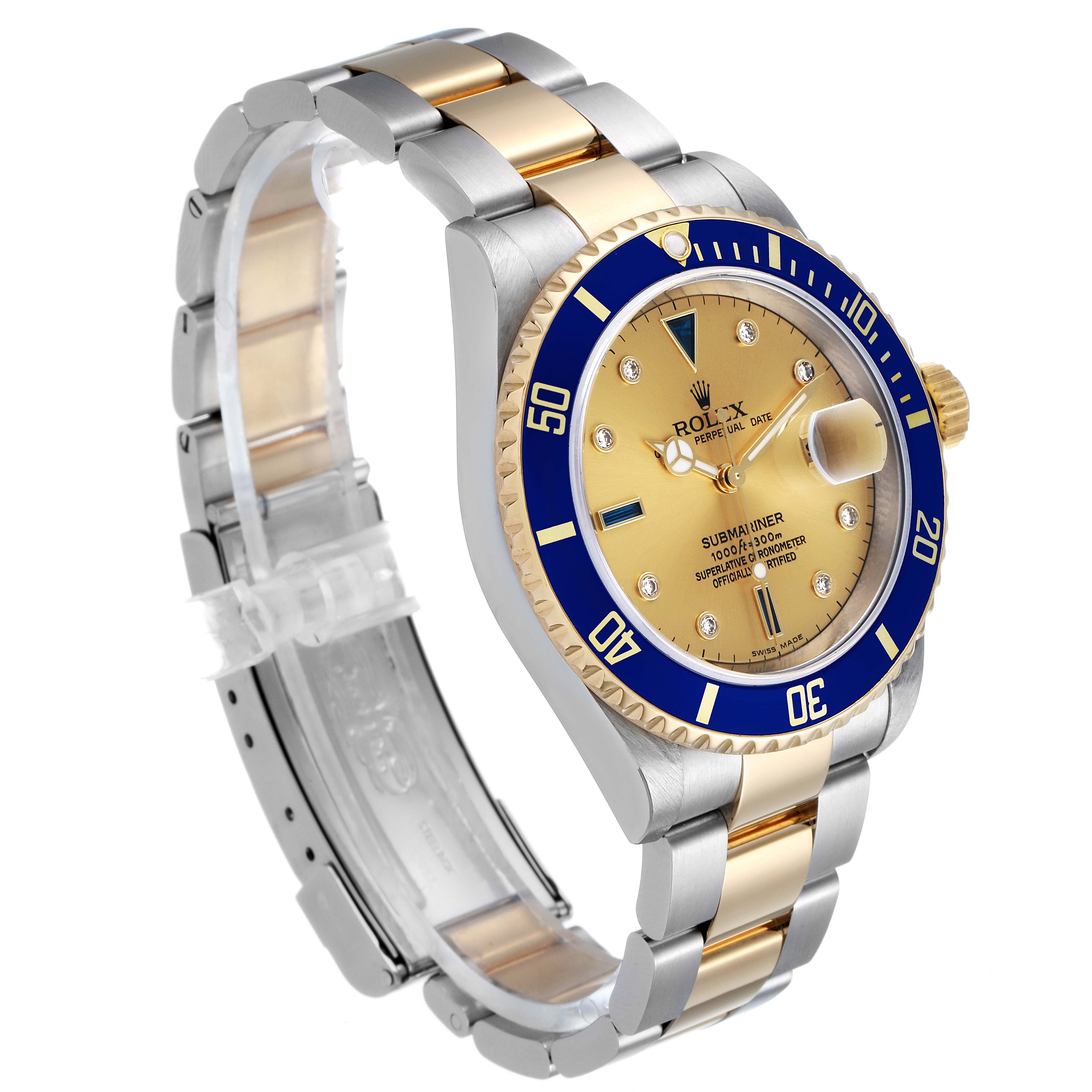 This image shows a Rolex Submariner 16613 Men's Steel and Gold (two tone) Champagne Dial 16613 Men's Steel and Gold (two tone) Champagne Dial watch at an angled side view, highlighting the bracelet, bezel, dial, and crown.