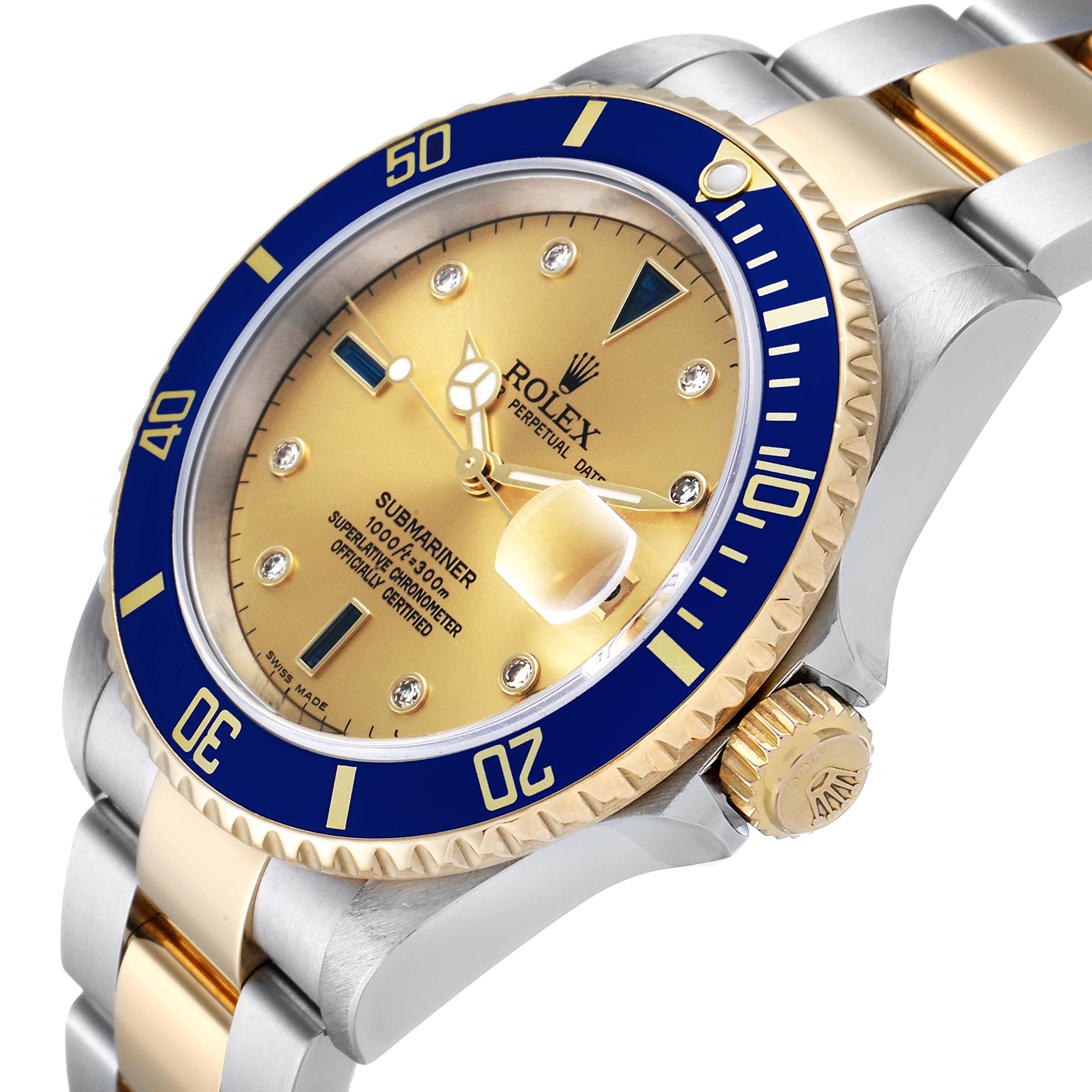 The Rolex Submariner 16613 Men's Steel and Gold (two tone) Champagne Dial 16613 Men's Steel and Gold (two tone) Champagne Dial watch is shown at an angled close-up, highlighting its bezel, dial, crown, and part of the bracelet.