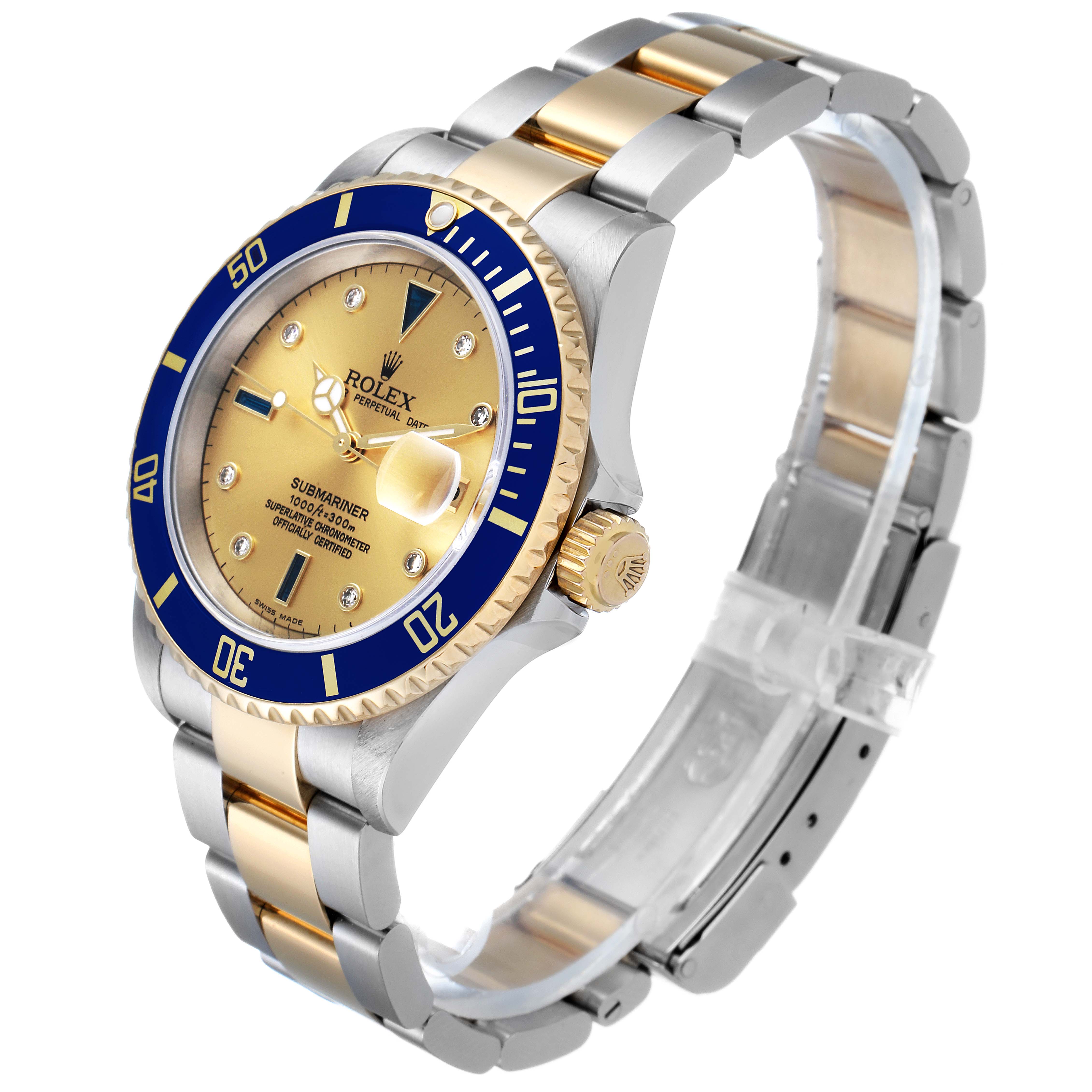 The image shows a Rolex Submariner 16613 Men's Steel and Gold (two tone) Champagne Dial 16613 Men's Steel and Gold (two tone) Champagne Dial watch angled to feature the dial, bezel, crown, and part of the bracelet.
