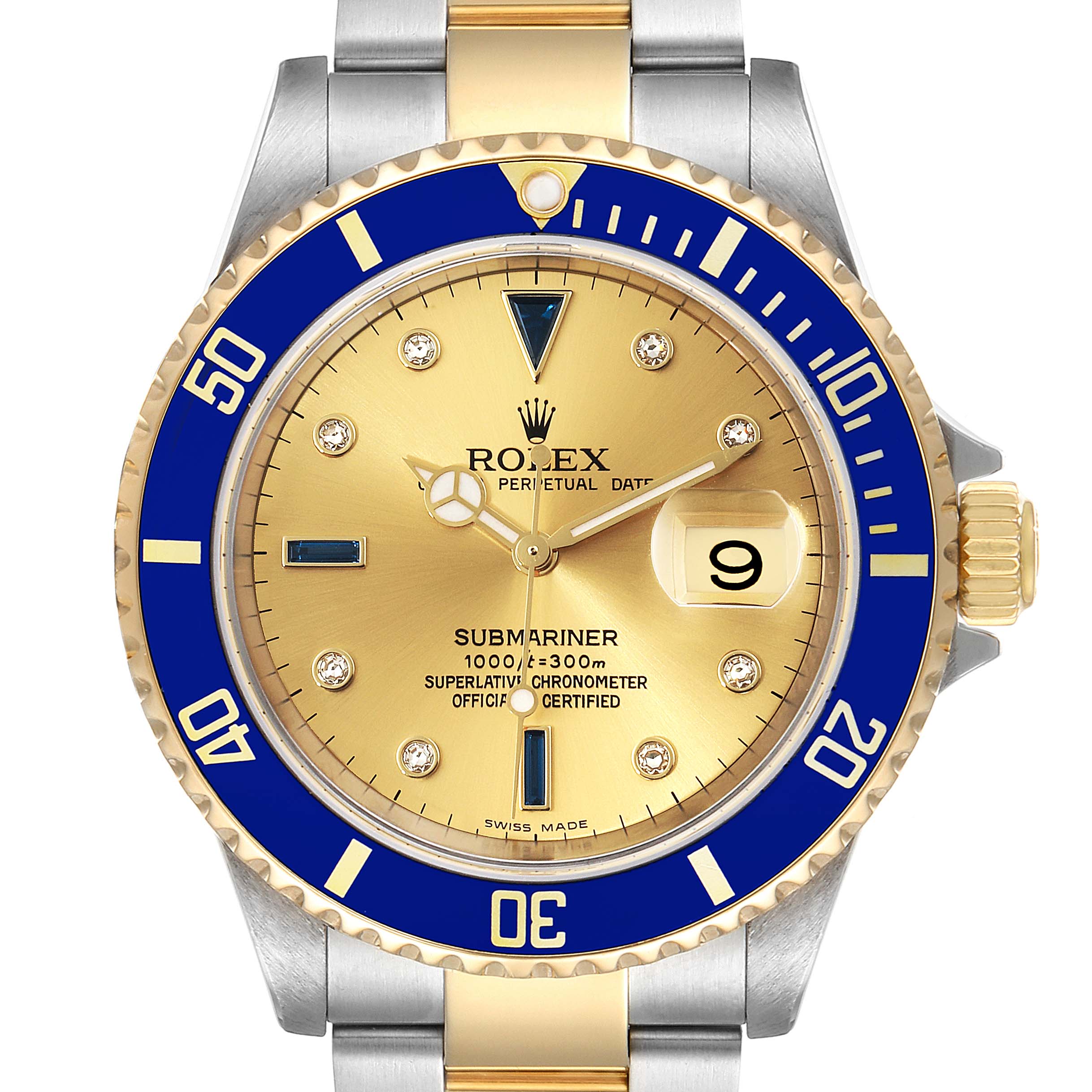 The image shows a front view of a Rolex Submariner 16613 Men's Steel and Gold (two tone) Champagne Dial 16613 Men's Steel and Gold (two tone) Champagne Dial watch, highlighting the dial, bezel, and part of the bracelet.