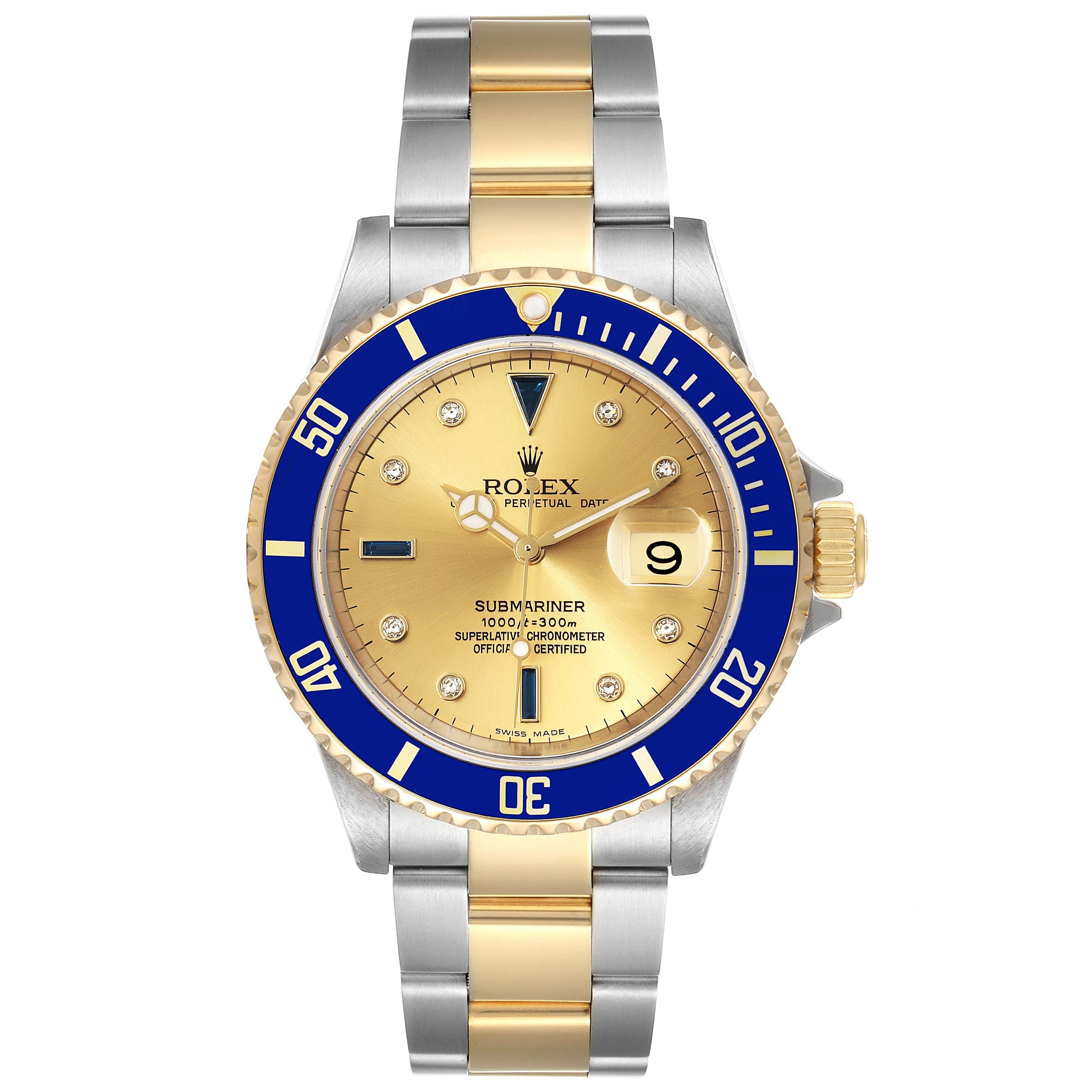 The image shows a front view of a Rolex Submariner 16613 Men's Steel and Gold (two tone) Champagne Dial 16613 Men's Steel and Gold (two tone) Champagne Dial watch, highlighting the dial, bezel, and bracelet.