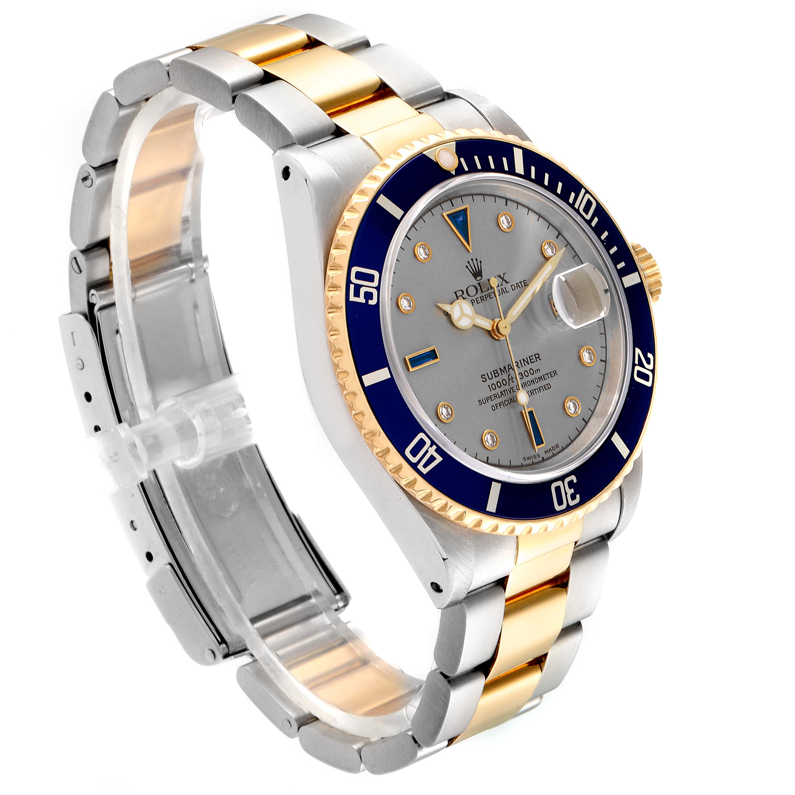 This image shows a Rolex Submariner 16803 Men
s Stainless Steel Grey Dial 16803 Men
s Stainless Steel Grey Dial watch at a three-quarter angle, highlighting its face, bezel, and two-tone bracelet.