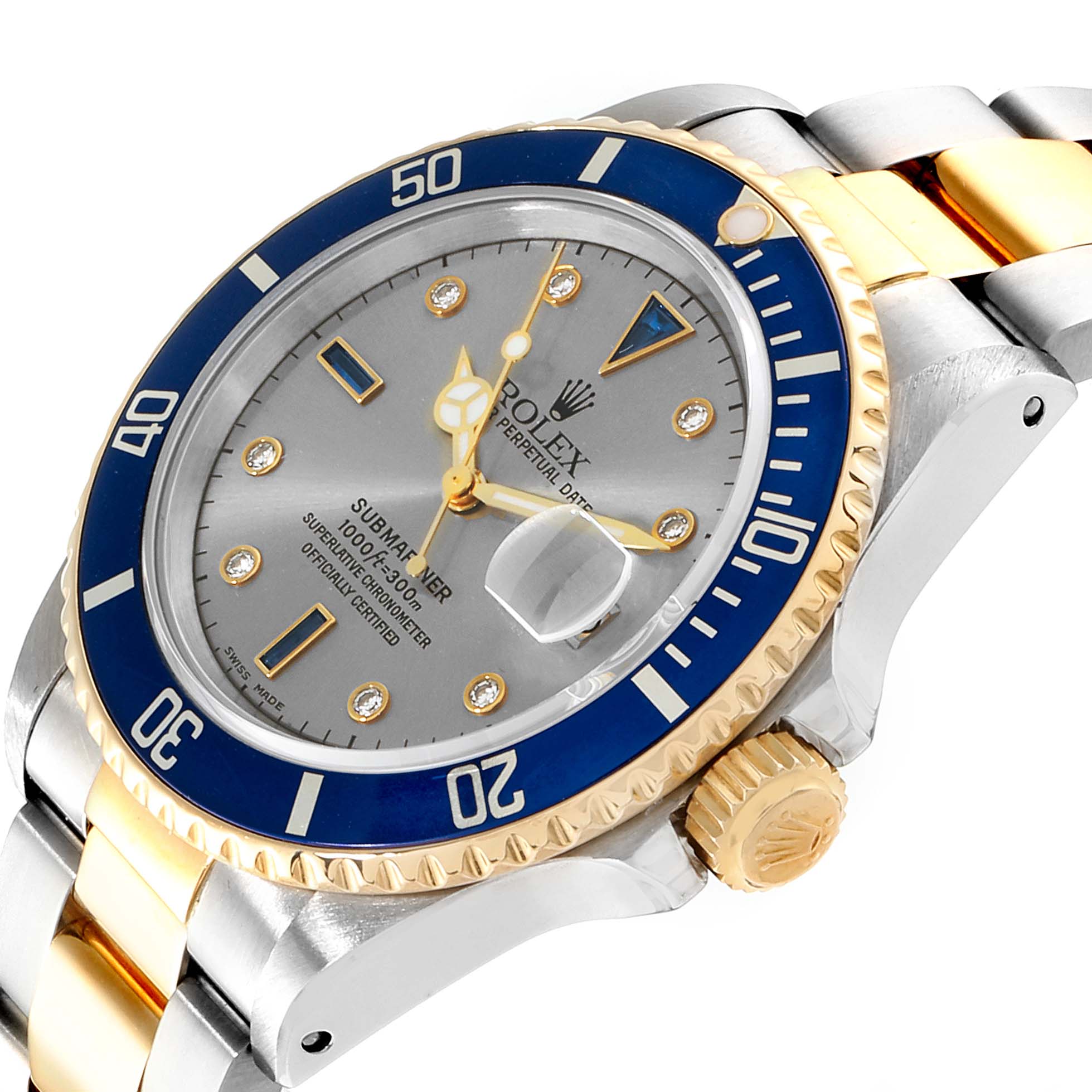 This image shows an angled view of a Rolex Submariner 16803 Men
s Stainless Steel Grey Dial 16803 Men
s Stainless Steel Grey Dial watch, highlighting its dial, bezel, crown, and part of the bracelet.