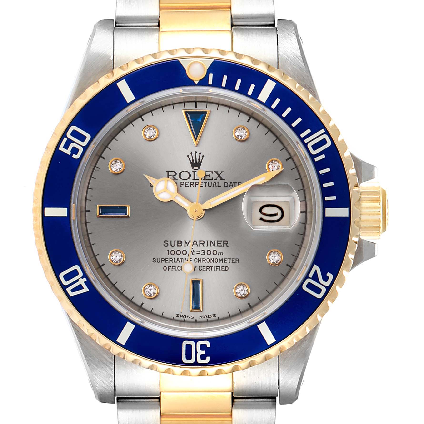This image shows the front view of a Rolex Submariner 16803 Men
s Stainless Steel Grey Dial 16803 Men
s Stainless Steel Grey Dial watch, featuring its dial, bezel, and a portion of the bracelet.
