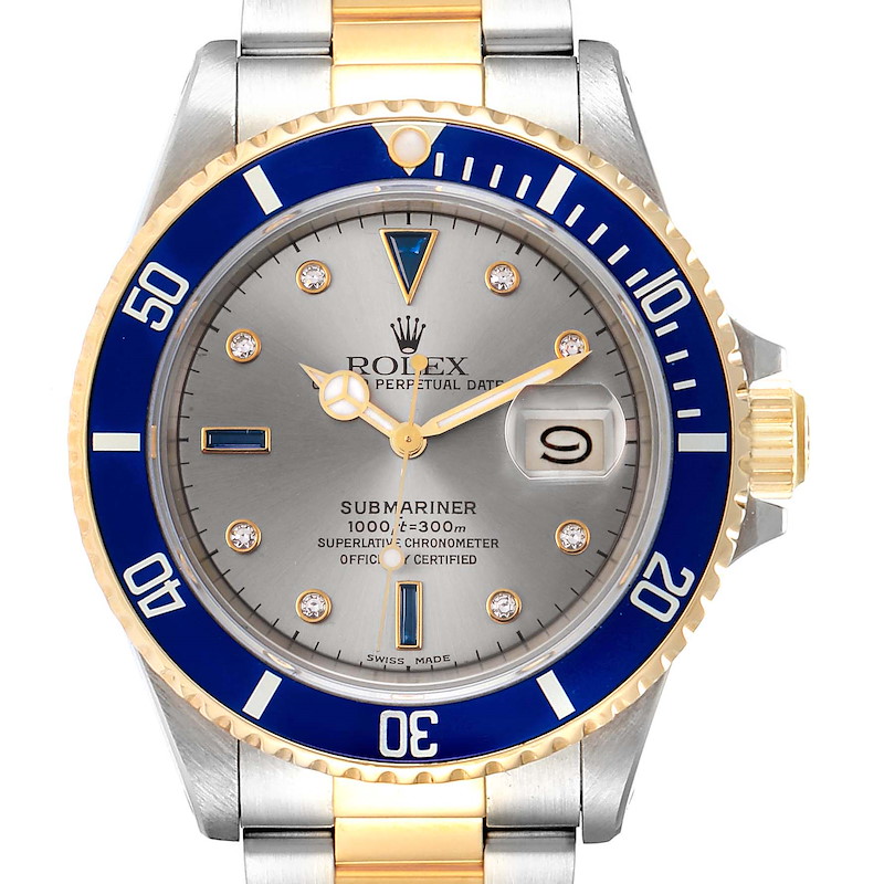 Rolex Submariner Steel Gold Slate Diamond Sapphire Serti Dial Watch 16803 SwissWatchExpo