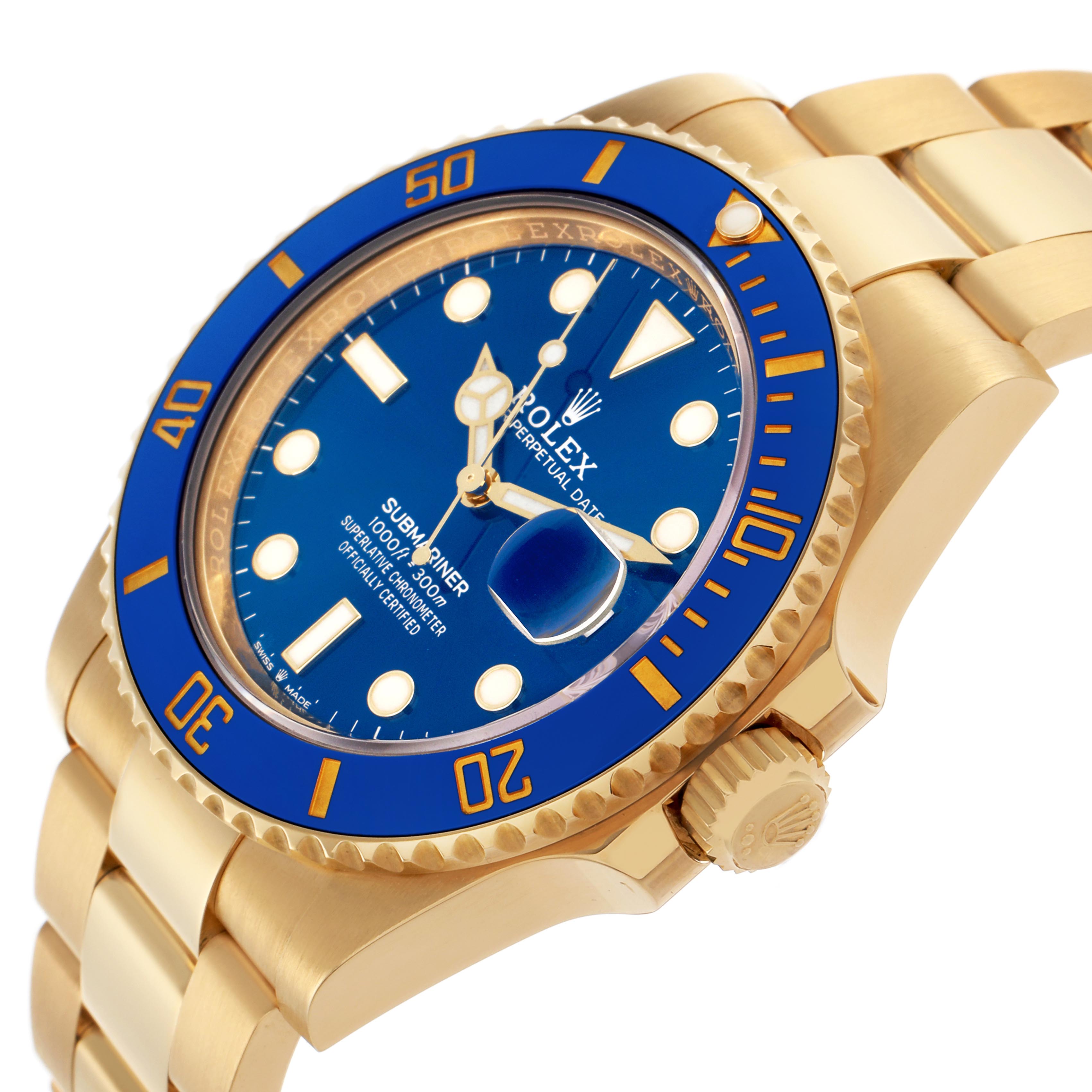 The Rolex Submariner 126618LB Men's Yellow Gold Blue Dial 126618LB Men's Yellow Gold Blue Dial is shown at a slight angle, highlighting the blue dial, bezel, and part of the gold bracelet.