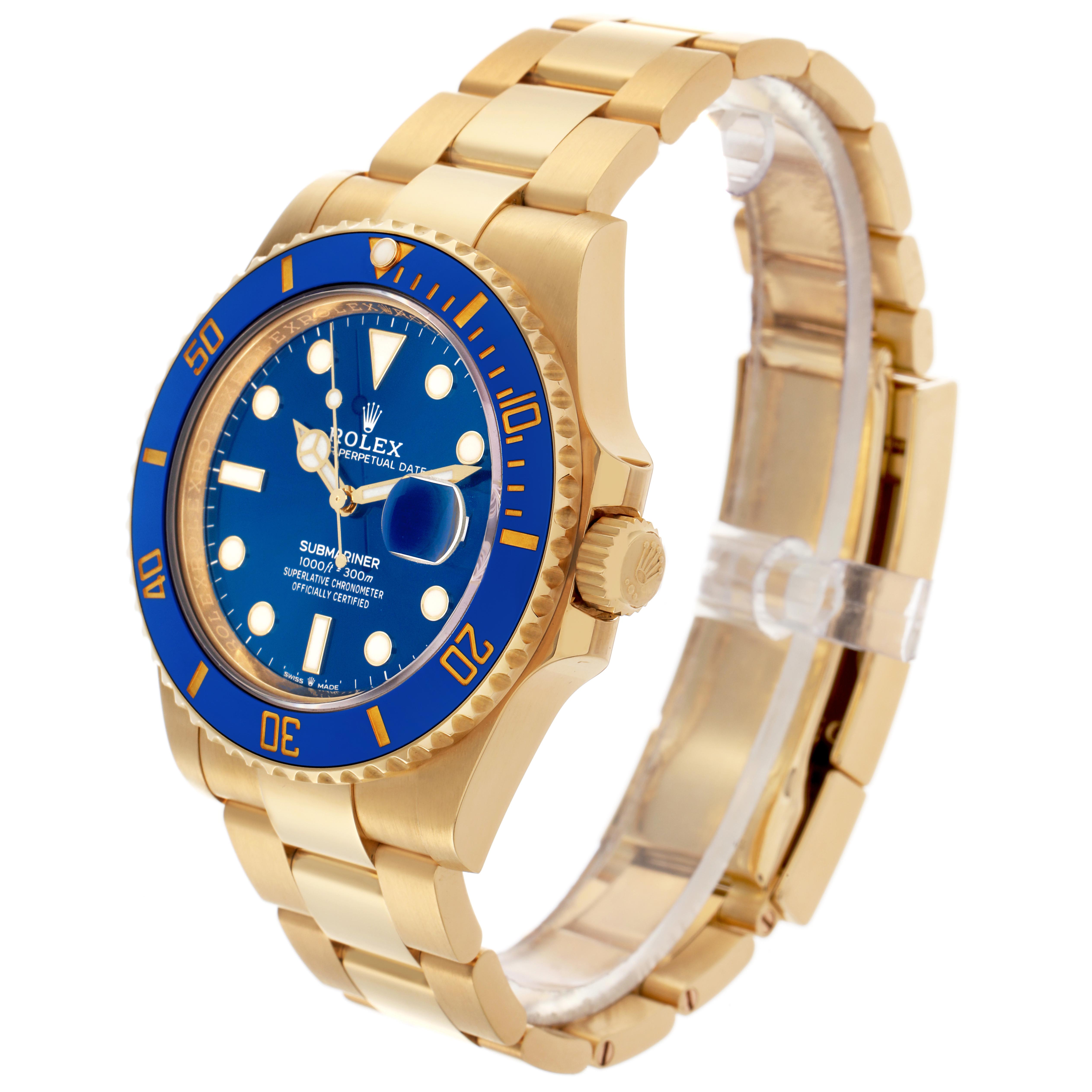 The Rolex Submariner 126618LB Men's Yellow Gold Blue Dial 126618LB Men's Yellow Gold Blue Dial watch is shown at a three-quarter angle, displaying its blue dial, bezel, case, and part of the gold bracelet.