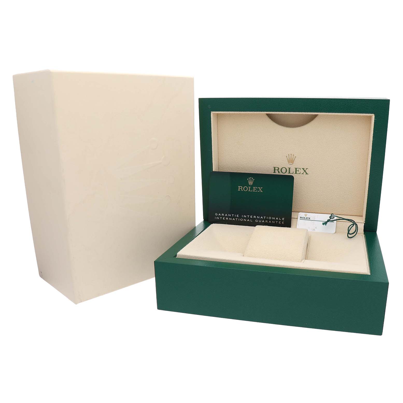 The image shows a Rolex Yacht-Master M226668TBR-0001 Men's Yellow Gold Champagne Dial watch box, open to reveal the interior with a warranty card and tag.