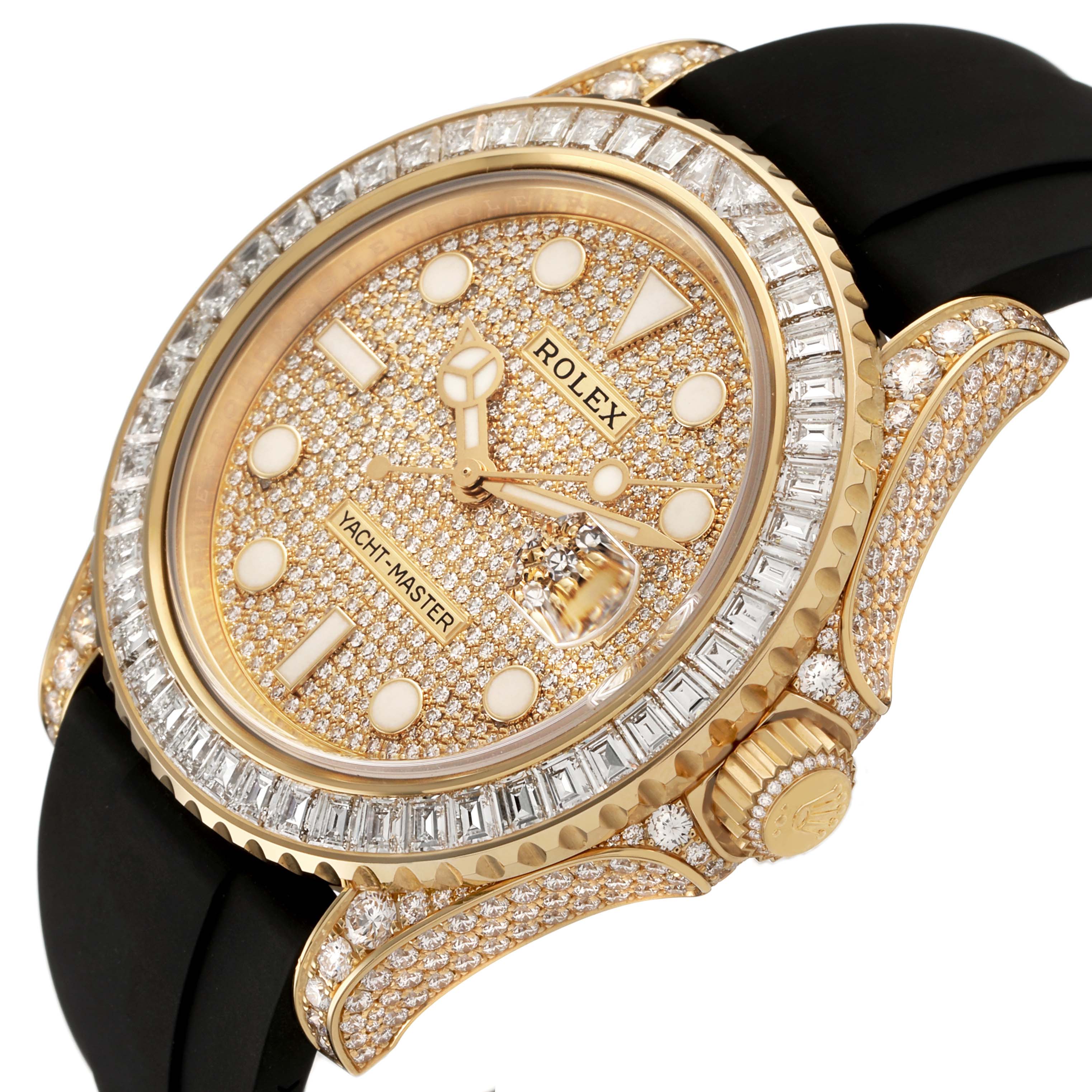 The Rolex Yacht-Master M226668TBR-0001 Men's Yellow Gold Champagne Dial watch is shown at a slight angle, highlighting its diamond-covered face, gold accents, and black strap.