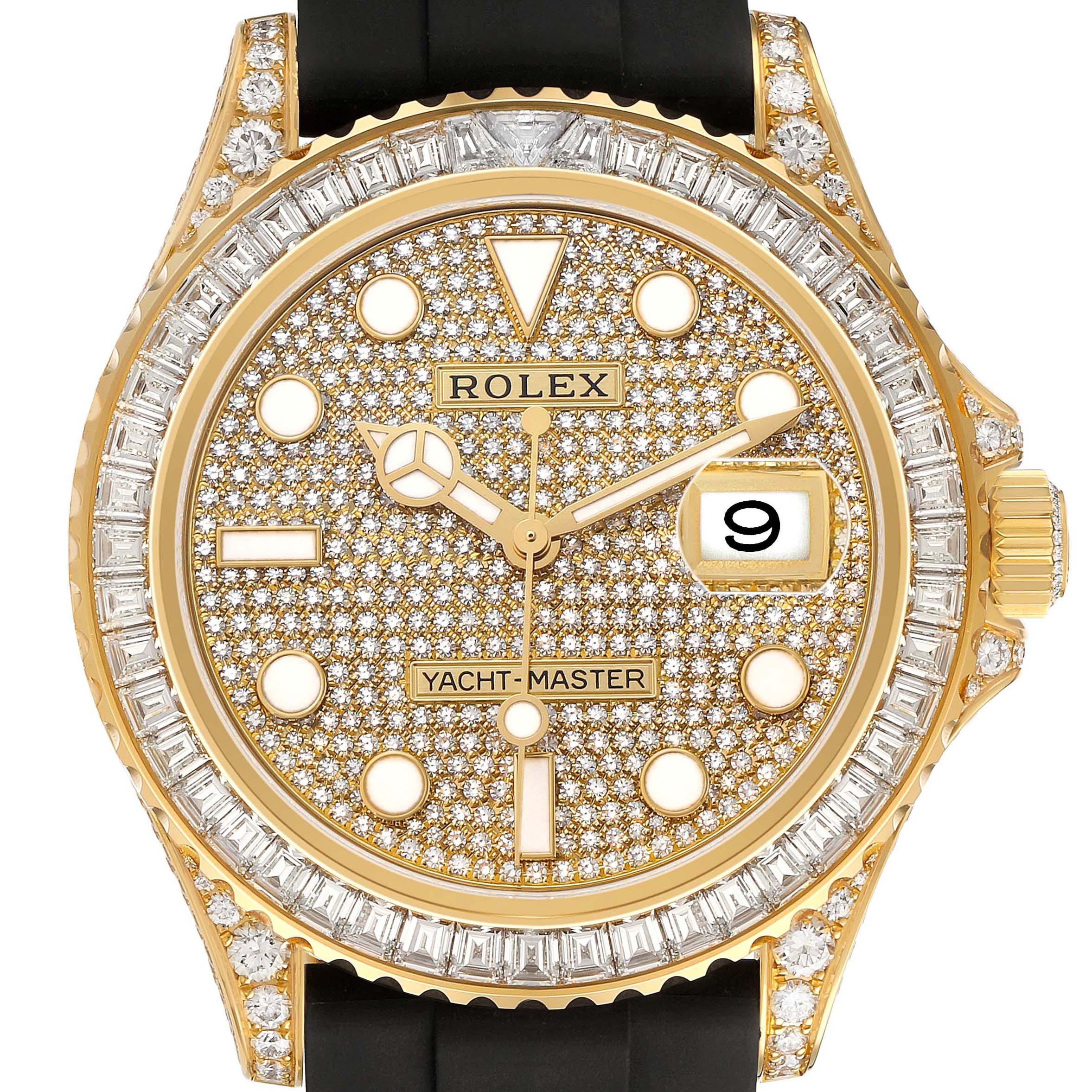 The Rolex Yacht-Master M226668TBR-0001 Men's Yellow Gold Champagne Dial watch is shown from the front, featuring a diamond-studded bezel and dial, with a black strap.