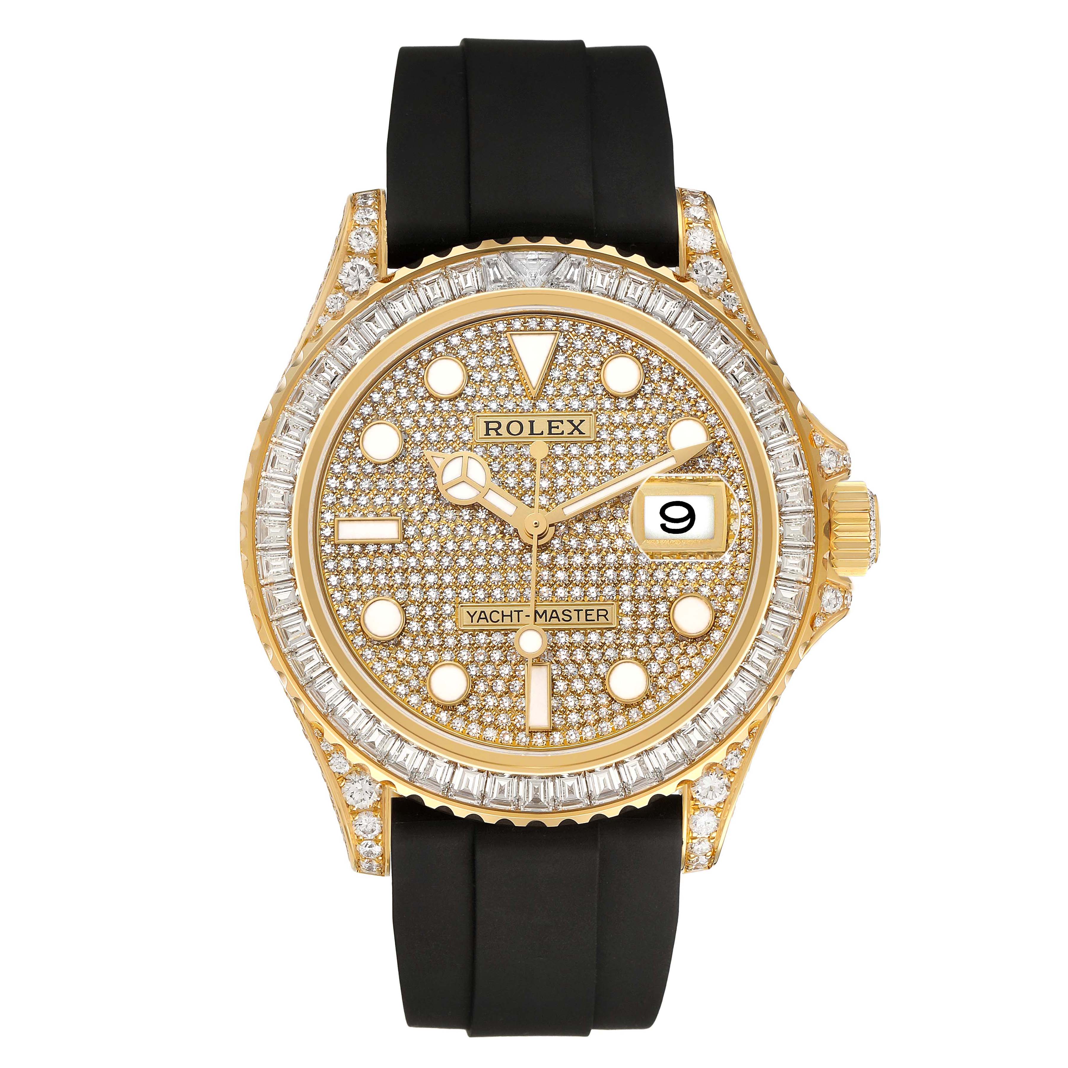 This Rolex Yacht-Master M226668TBR-0001 Men's Yellow Gold Champagne Dial watch is shown from the front, highlighting its diamond-set face, bezel, and black rubber strap.
