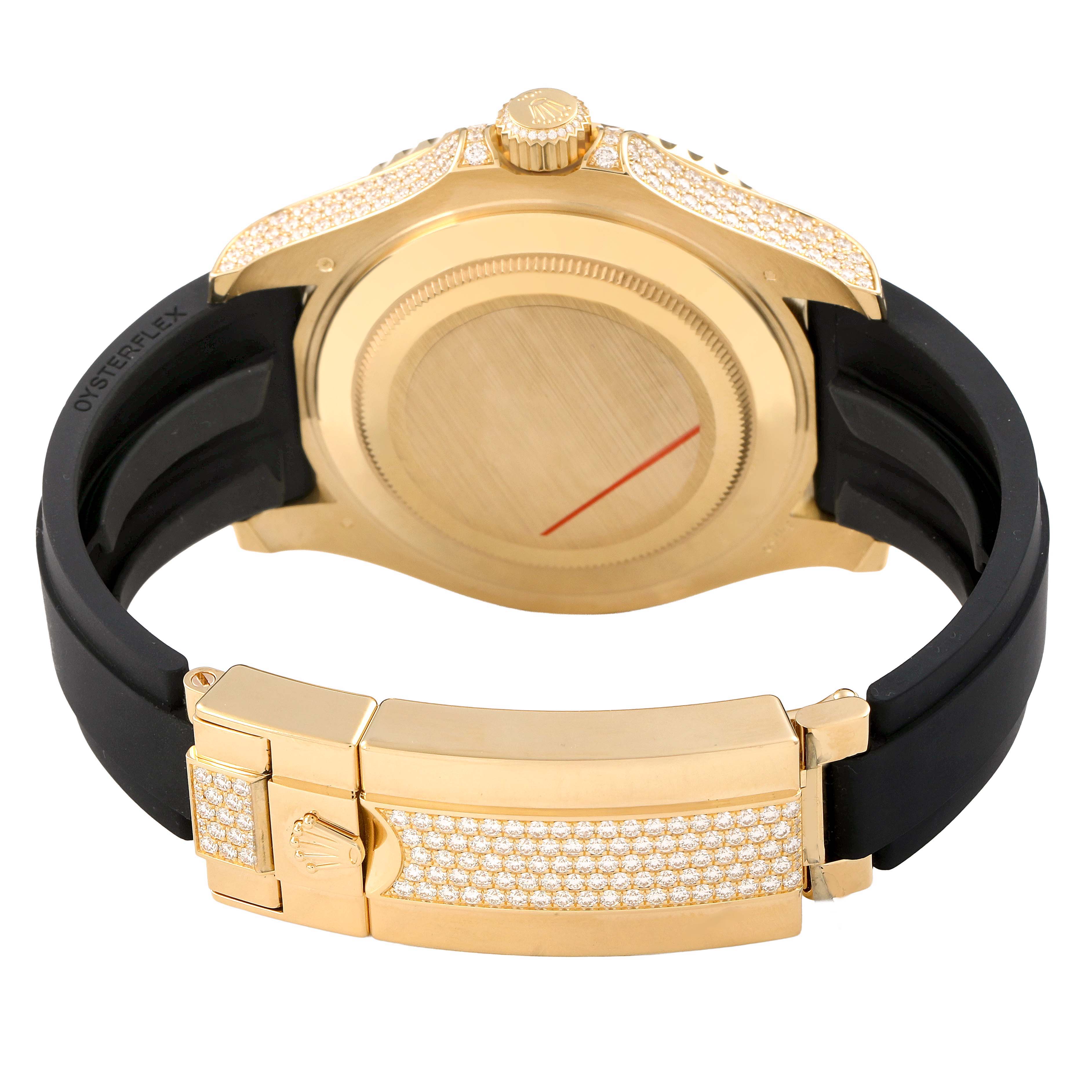 The image shows the back and clasp of a Rolex Yacht-Master M226668TBR-0001 Men's Yellow Gold Champagne Dial watch, highlighting its gold and diamond details with a black strap.