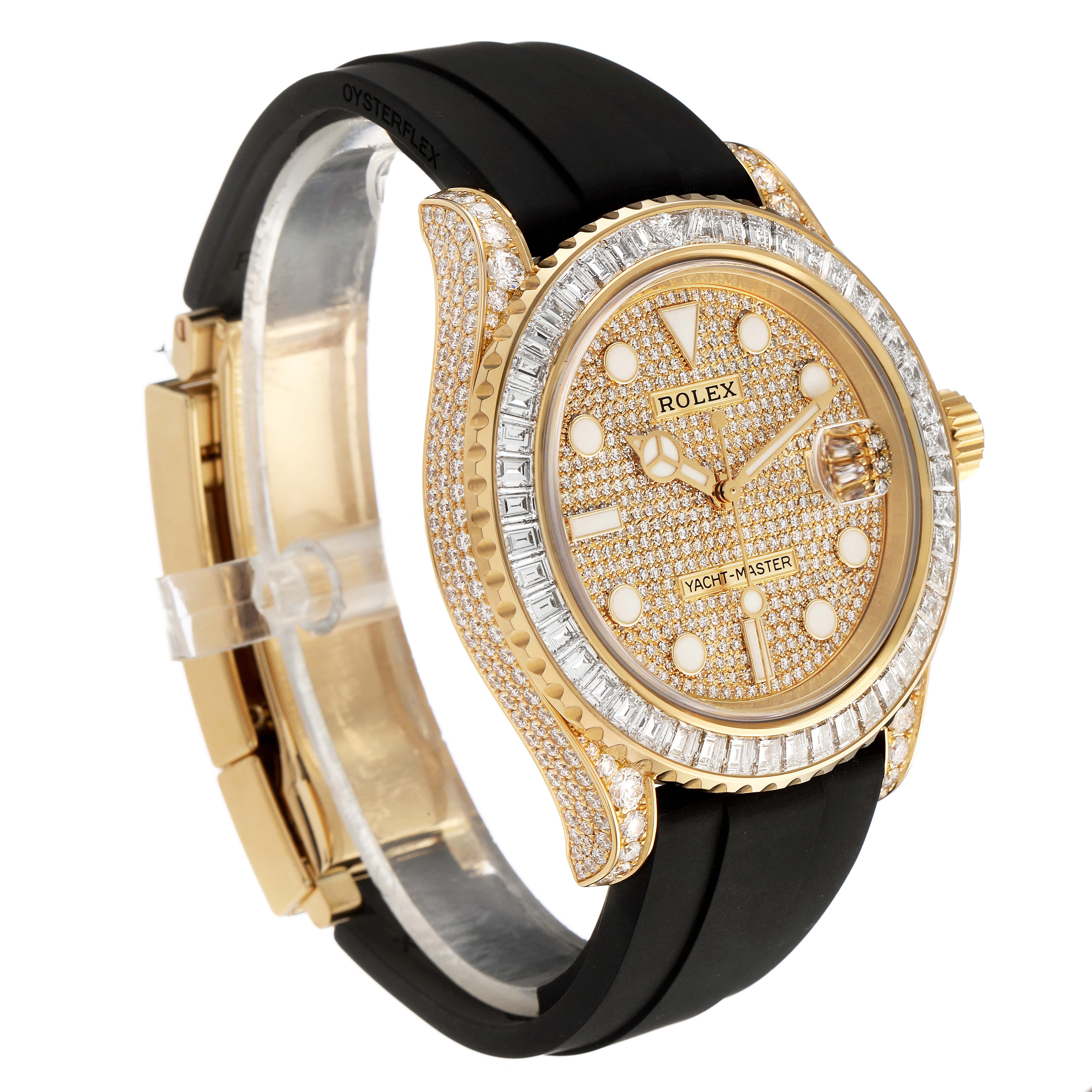 The Rolex Yacht-Master M226668TBR-0001 Men's Yellow Gold Champagne Dial watch is shown at a diagonal angle, highlighting the diamond-studded bezel and dial, with a black strap.