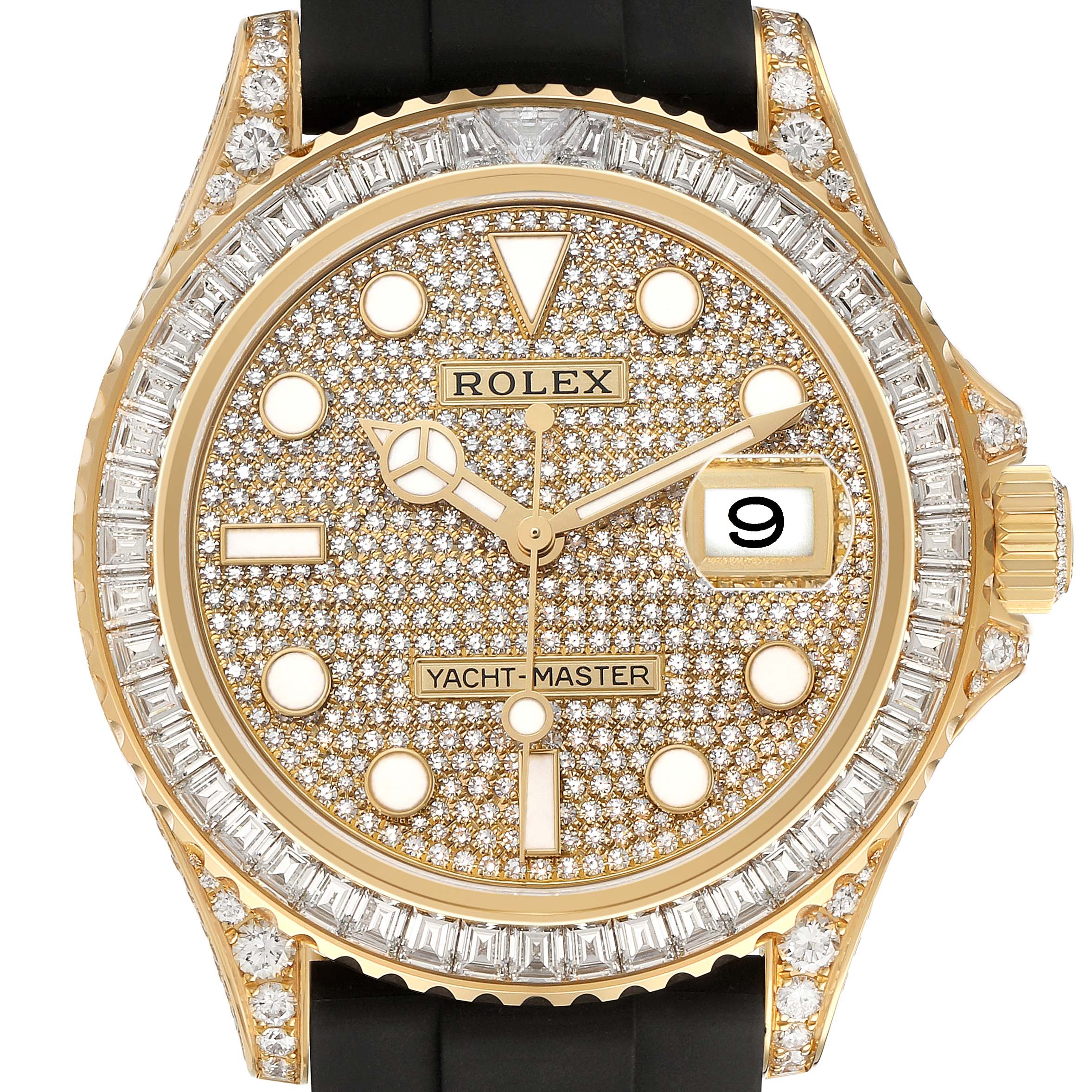 The Rolex Yacht-Master M226668TBR-0001 Men's Yellow Gold Champagne Dial watch is shown from the front, highlighting the diamond-studded dial, gold bezel, and black strap.
