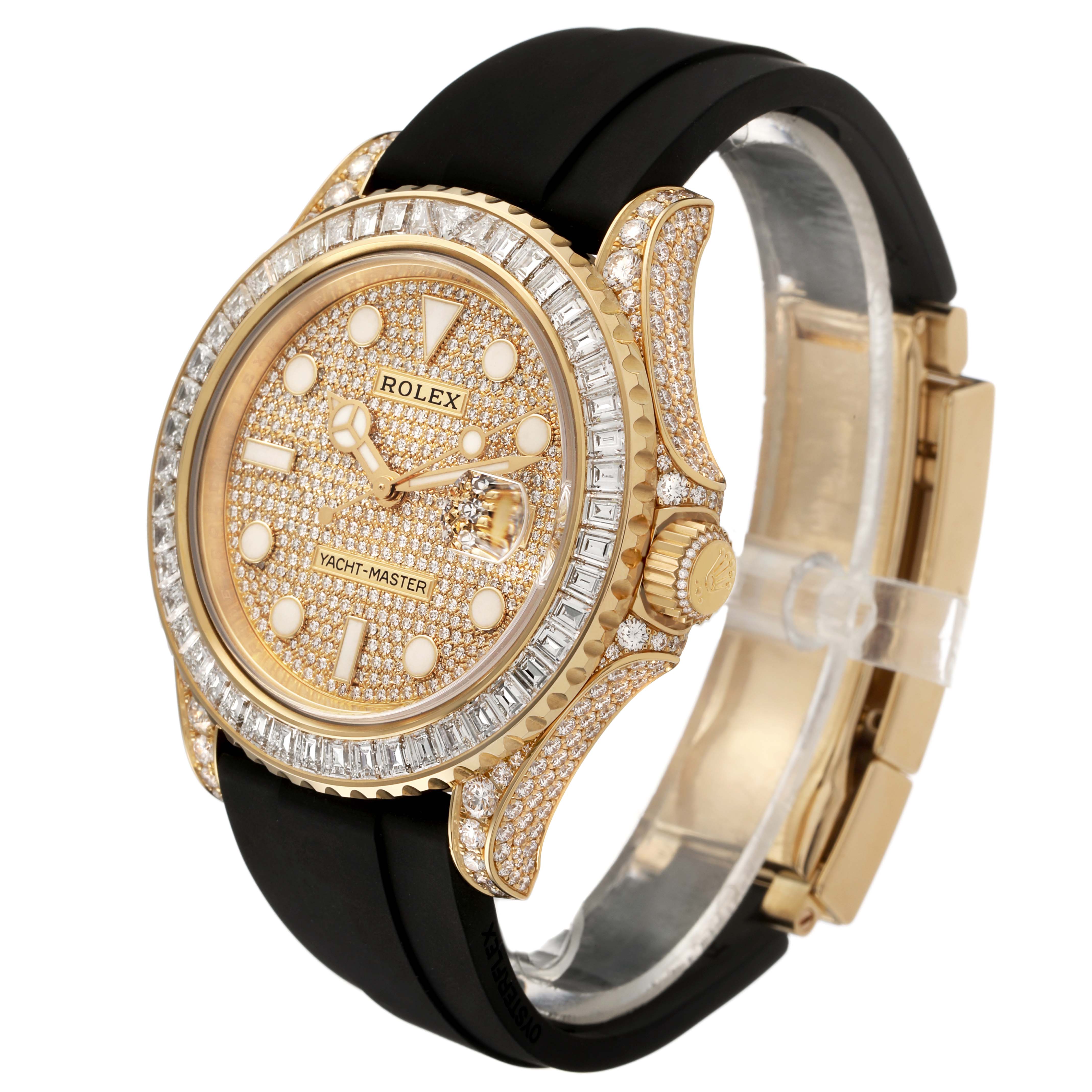 The Rolex Yacht-Master M226668TBR-0001 Men's Yellow Gold Champagne Dial is shown at a three-quarter angle, highlighting its gold case, diamond-set bezel, and black strap.