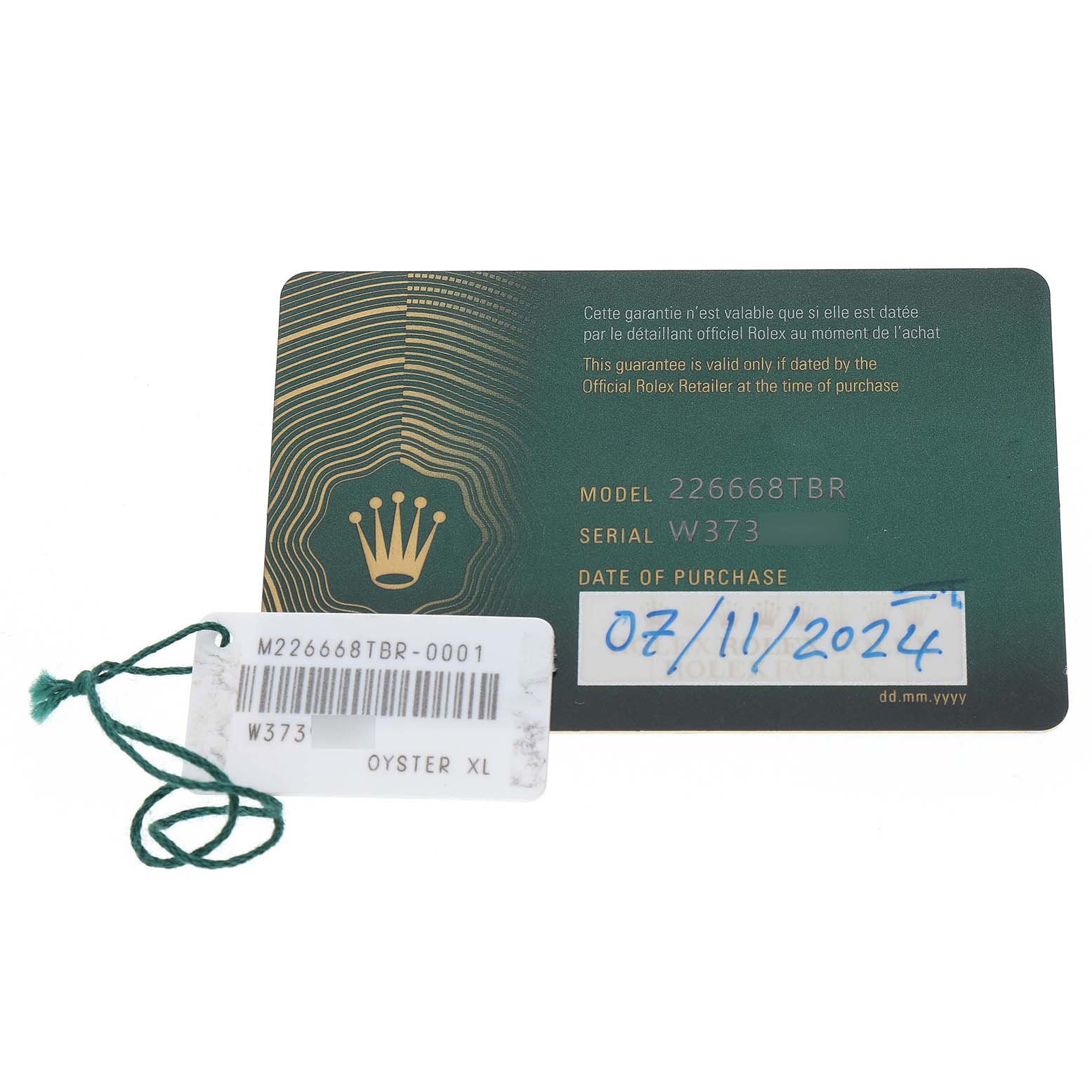 The image shows a Rolex Yacht-Master M226668TBR-0001 Men's Yellow Gold Champagne Dial model card and a tag with details and purchase date.