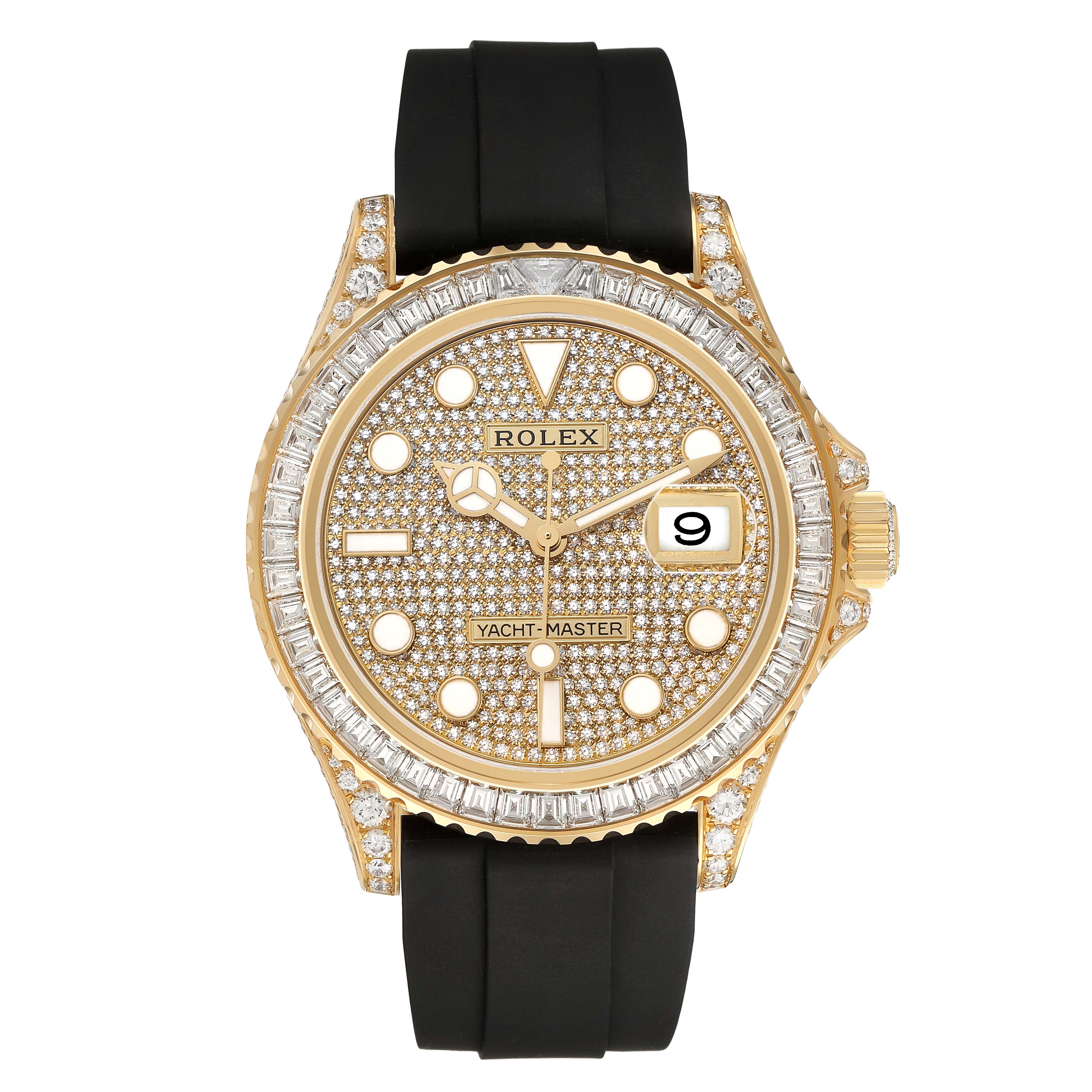 The Rolex Yacht-Master M226668TBR-0001 Men's Yellow Gold Champagne Dial is shown from the front, featuring a gem-encrusted bezel and black strap.