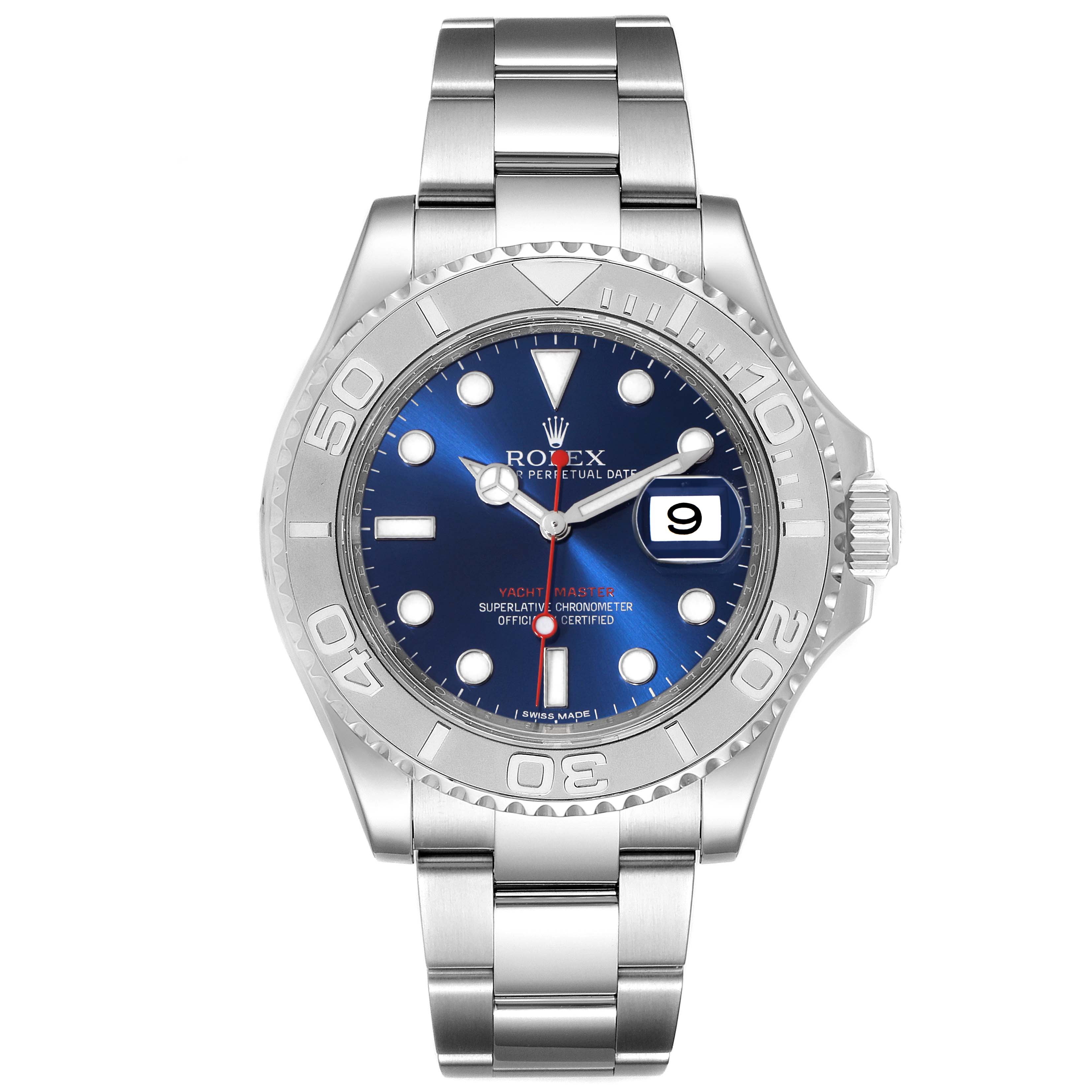 The Rolex Yacht-Master 116622 Men's Stainless Steel Blue Dial 116622 Men's Stainless Steel Blue Dial watch is shown from the front, displaying its dial, bezel, and bracelet.