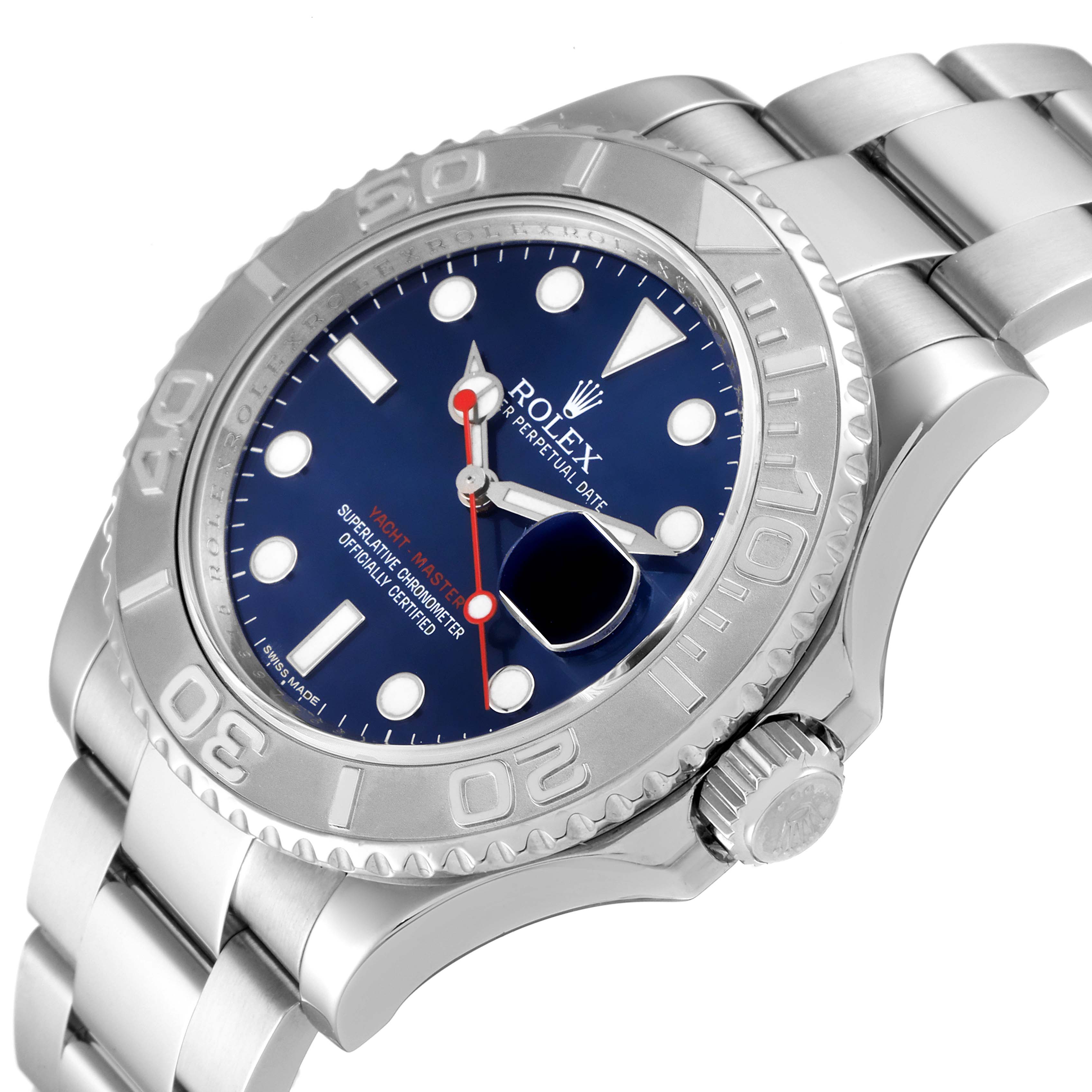 The Rolex Yacht-Master 116622 Men's Stainless Steel Blue Dial 116622 Men's Stainless Steel Blue Dial watch is shown at a slight angle highlighting the face, bezel, crown, and part of the bracelet.