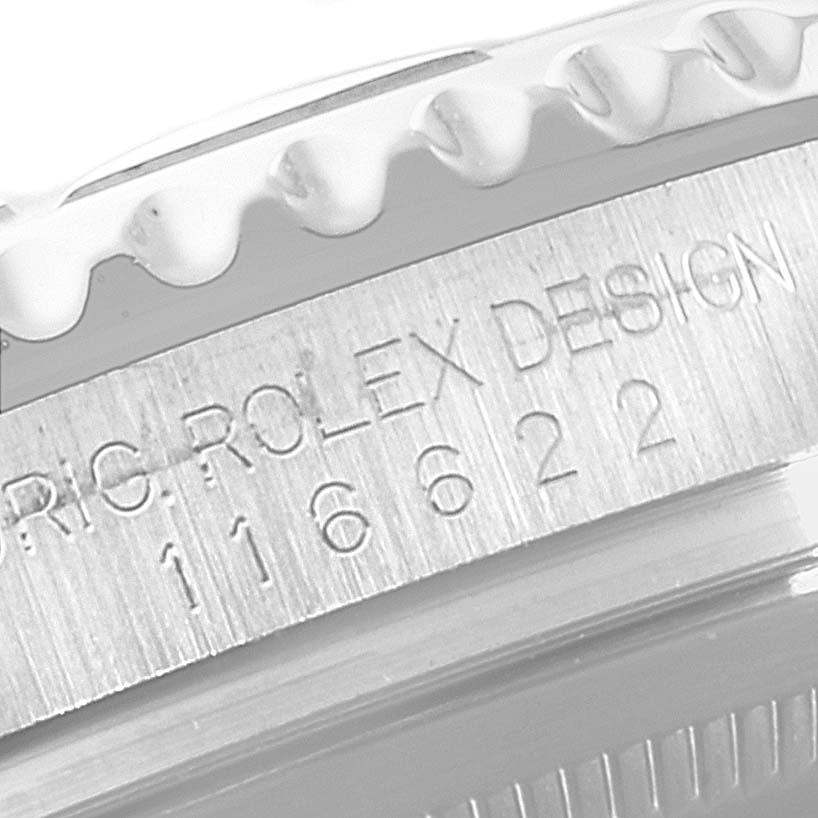 The image shows a close-up of the case side and bezel edge of a Rolex Yacht-Master 116622 Men's Stainless Steel Blue Dial 116622 Men's Stainless Steel Blue Dial watch, highlighting the engraved text.