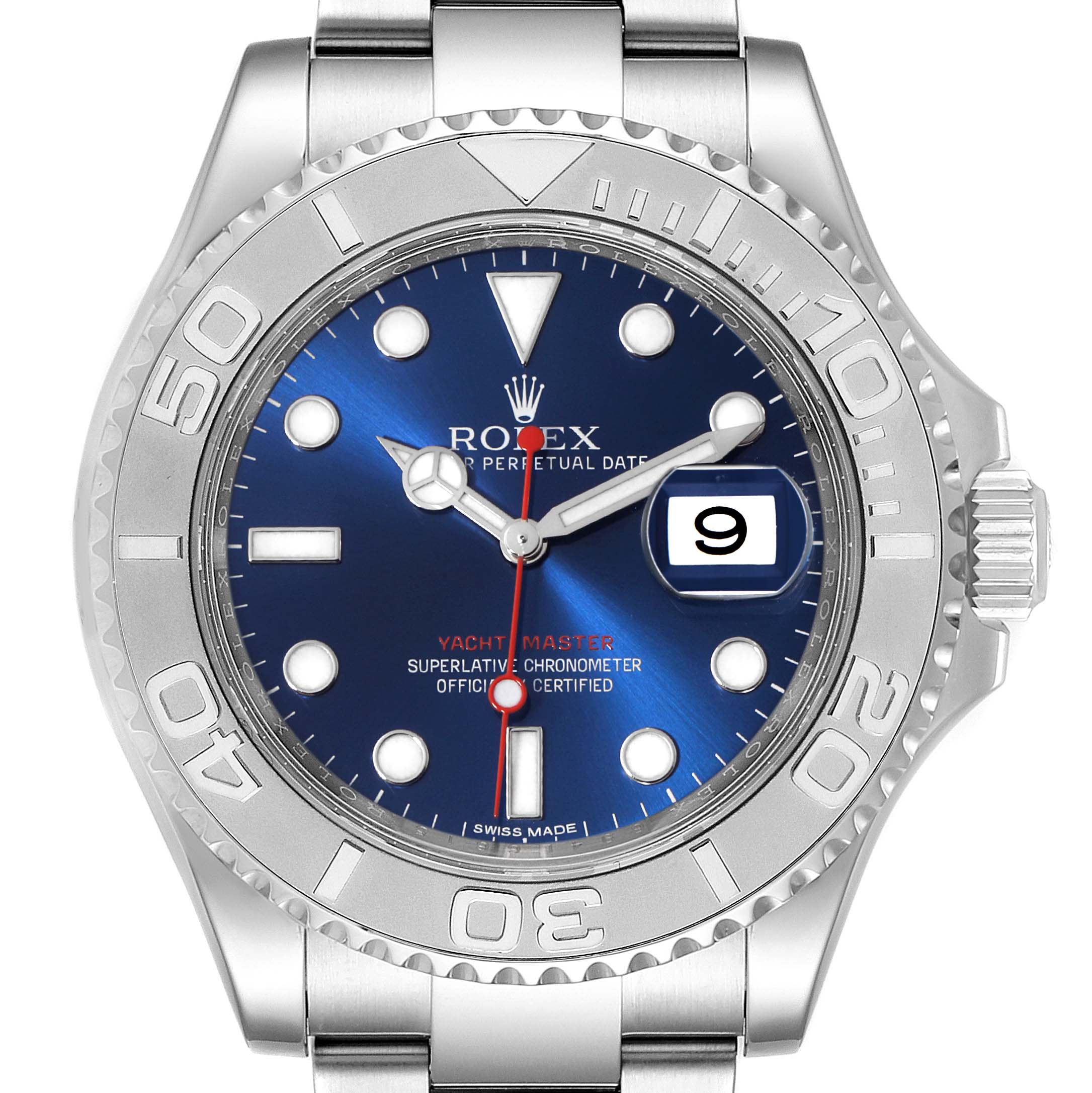 This image shows a close-up, front view of a Rolex Yacht-Master 116622 Men's Stainless Steel Blue Dial 116622 Men's Stainless Steel Blue Dial watch, displaying the dial, bezel, and part of the bracelet.