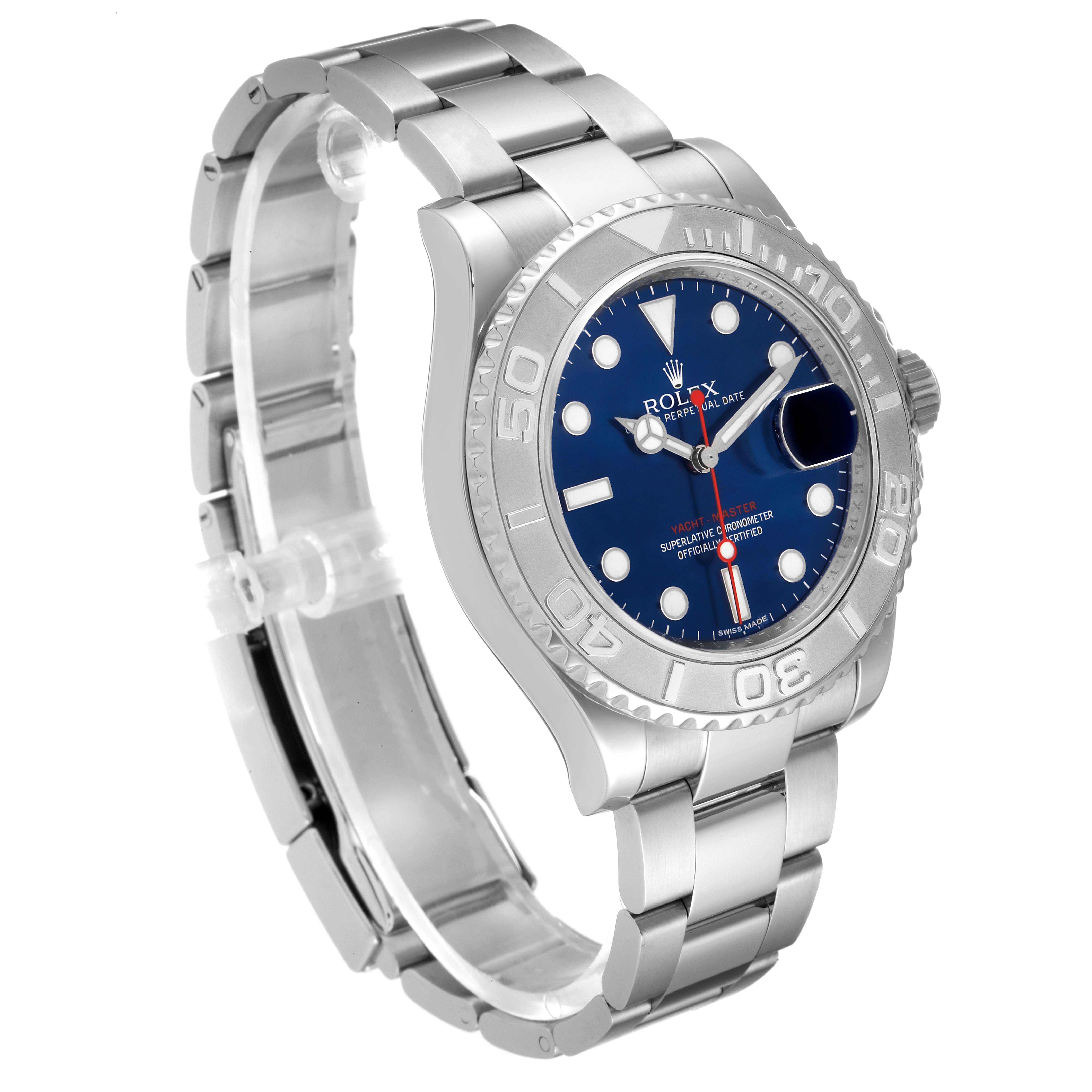 The Rolex Yacht-Master 116622 Men's Stainless Steel Blue Dial 116622 Men's Stainless Steel Blue Dial watch is shown at a three-quarter angle, displaying the face, bezel, and stainless steel bracelet.