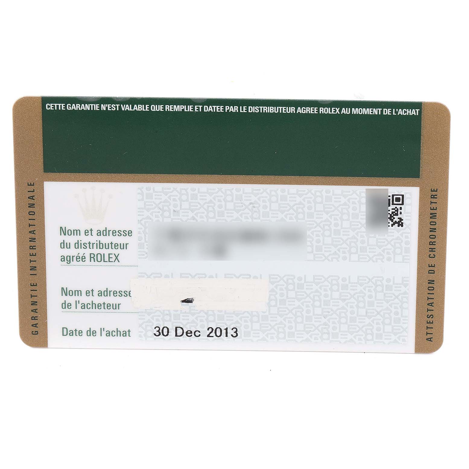 This image shows a warranty card for a Rolex Yacht-Master 116622 Men's Stainless Steel Blue Dial 116622 Men's Stainless Steel Blue Dial watch, dated December 30, 2013.