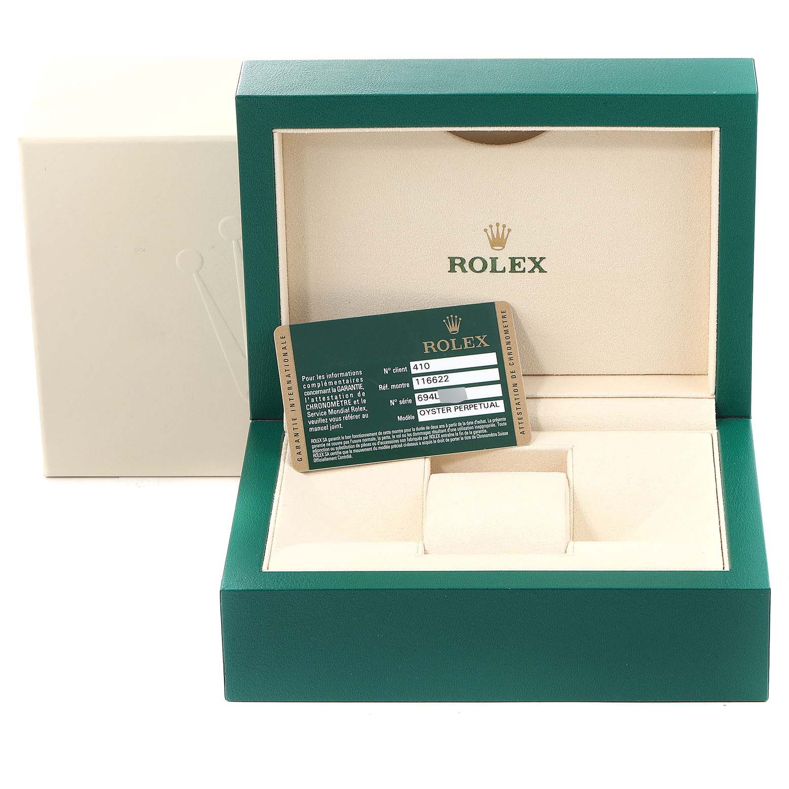 The image shows the open box and certificate for a Rolex Yacht-Master 116622 Men's Stainless Steel Blue Dial 116622 Men's Stainless Steel Blue Dial watch.