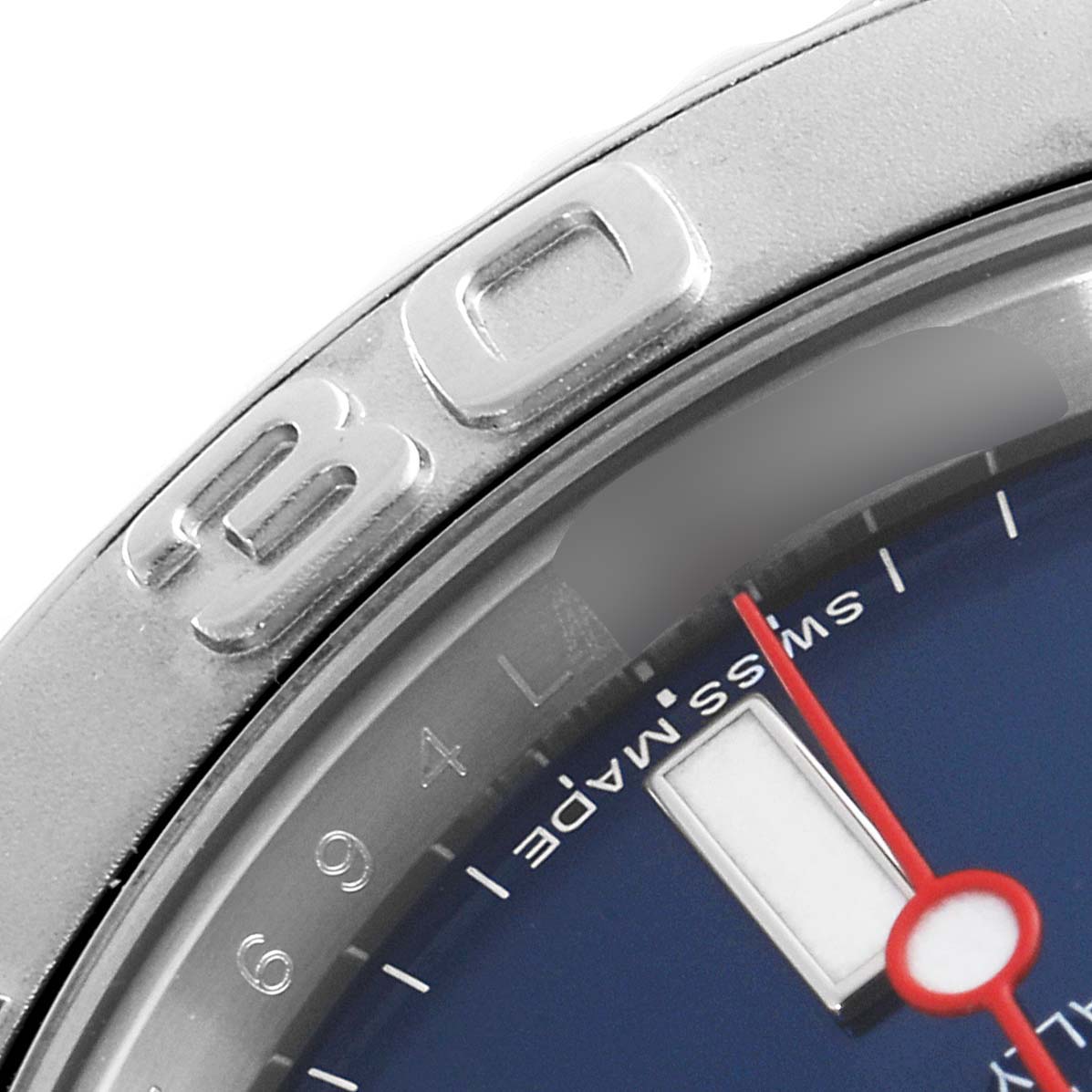 A close-up of the Rolex Yacht-Master 116622 Men's Stainless Steel Blue Dial 116622 Men's Stainless Steel Blue Dial watch showing the bezel with "30" and part of the blue dial.