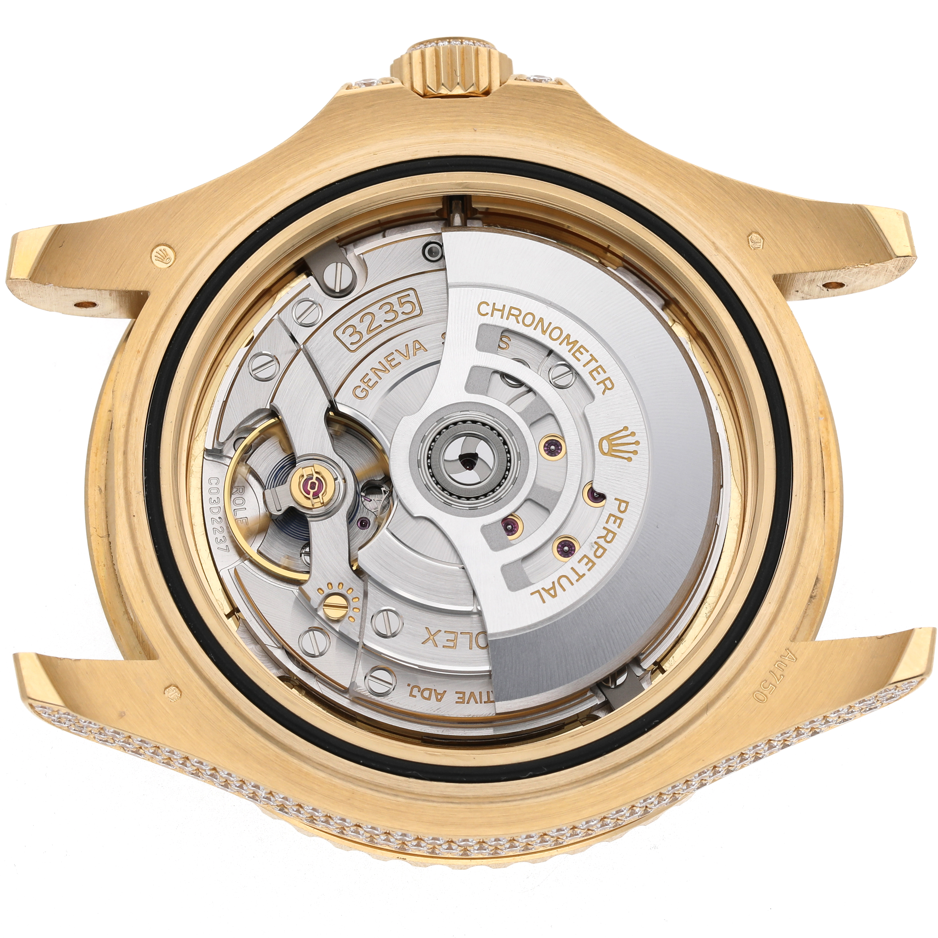 The image shows the movement and inner workings of a Rolex Yacht-Master M226668TBR-0001 Men's Yellow Gold Champagne Dial watch from a back view.