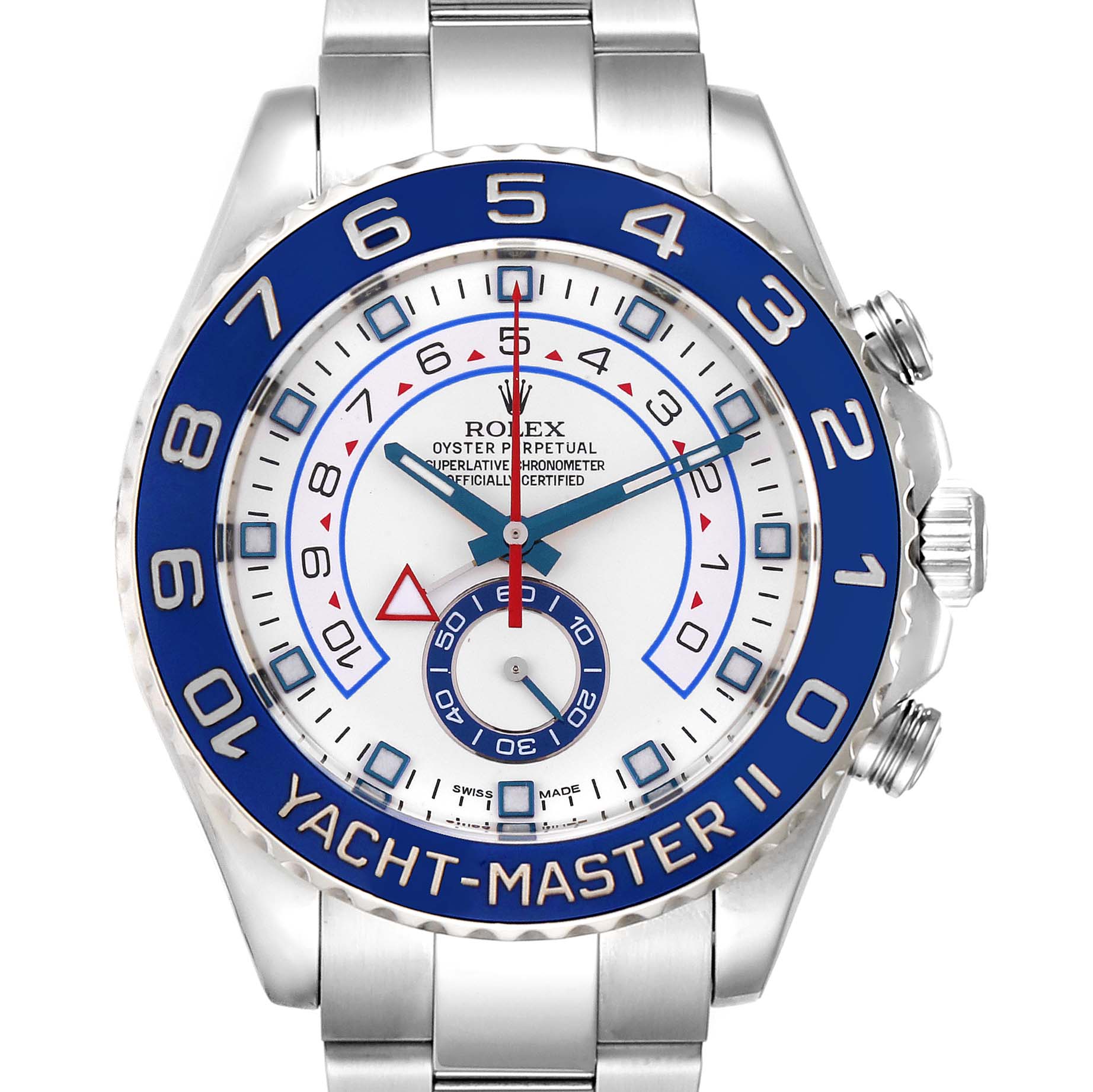 This Rolex Yacht-Master 116680 Men
s Stainless Steel White Dial 116680 Men
s Stainless Steel White Dial model is shown from the front, displaying the watch face, bezel, and crown.