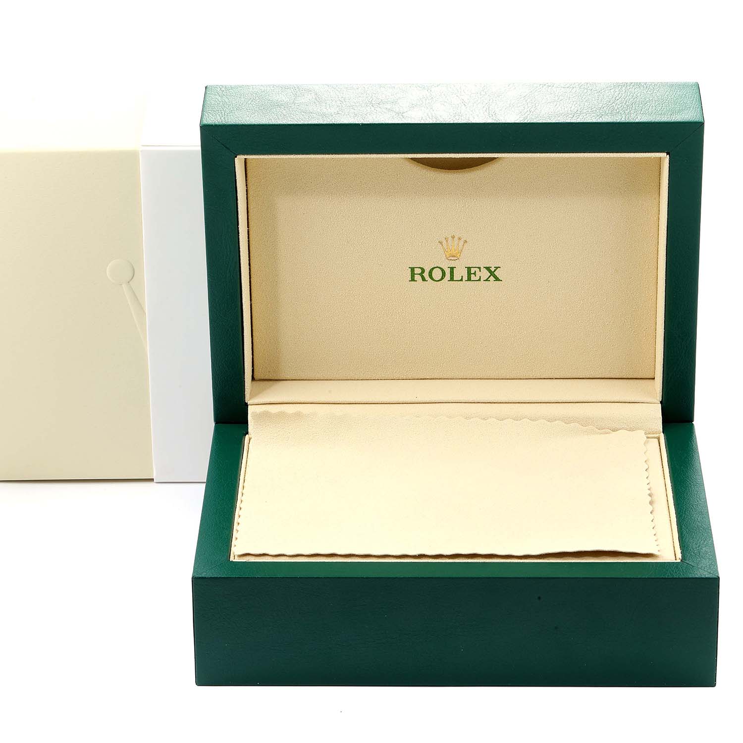 The image shows an open green and beige Rolex Yacht-Master 116680 Men
s Stainless Steel White Dial 116680 Men
s Stainless Steel White Dial watch box, with the Rolex logo inside.