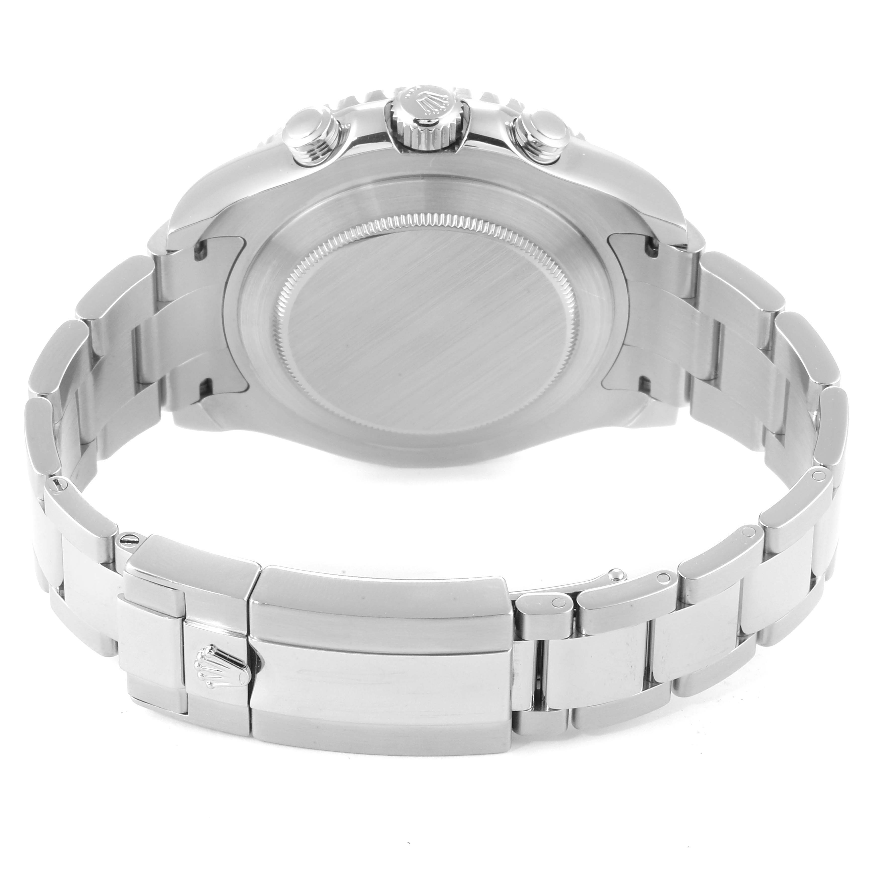 This image shows the back case and bracelet clasp of a Rolex Yacht-Master 116680 Men
s Stainless Steel White Dial 116680 Men
s Stainless Steel White Dial watch, viewed from behind.