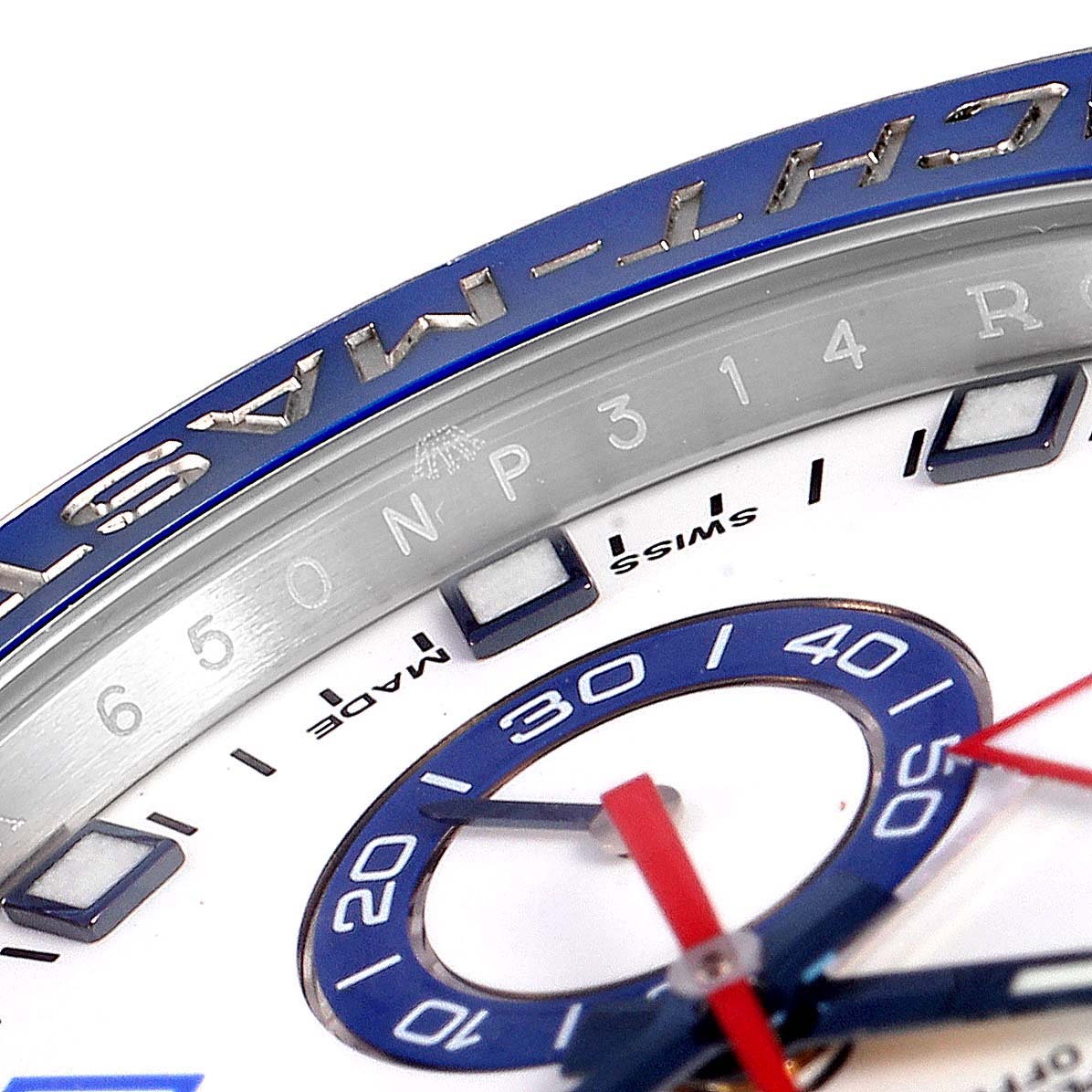 The image shows a close-up of the bezel reading "YACHT-MASTER" and part of the dial with hour markers and chronograph ring of the Rolex Yacht-Master 116680 Men
s Stainless Steel White Dial 116680 Men
s Stainless Steel White Dial.