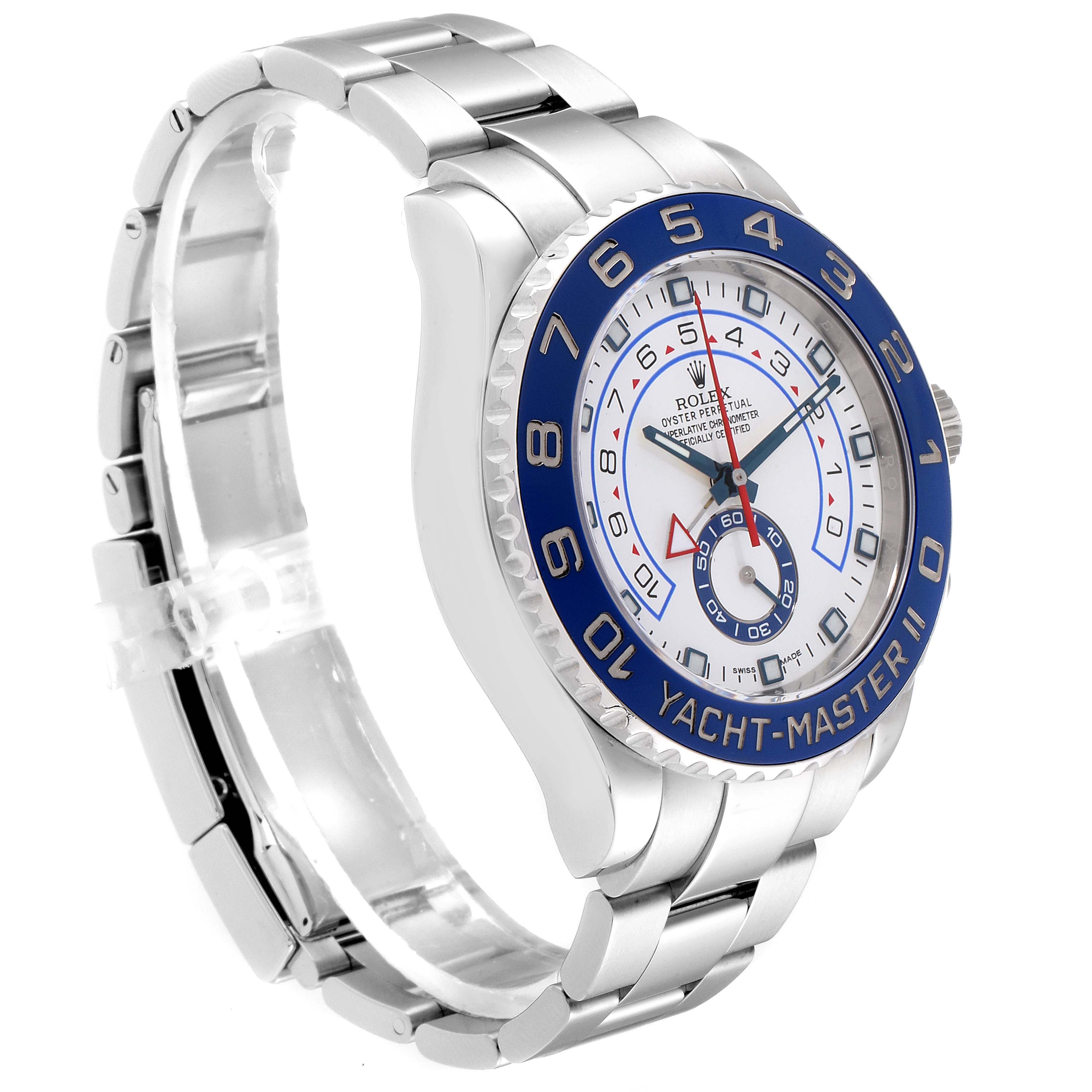 The image shows a side view of the Rolex Yacht-Master 116680 Men
s Stainless Steel White Dial 116680 Men
s Stainless Steel White Dial watch, highlighting the bracelet, bezel, and dial.
