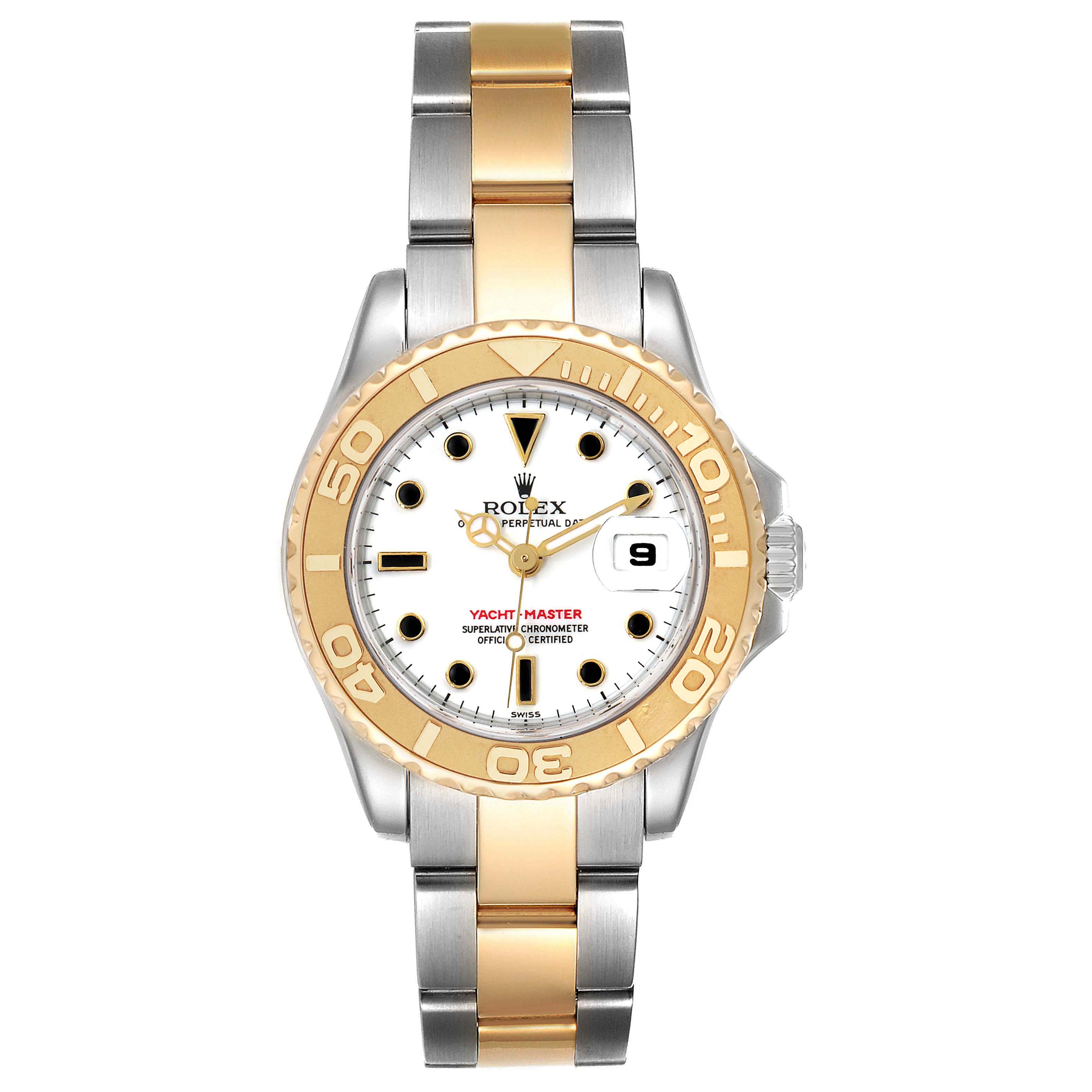 The image shows a front view of a Rolex Yacht-Master 169623 Women's Steel and Gold (two tone) White Dial 169623 Women's Steel and Gold (two tone) White Dial watch featuring a two-tone gold and stainless steel bracelet.