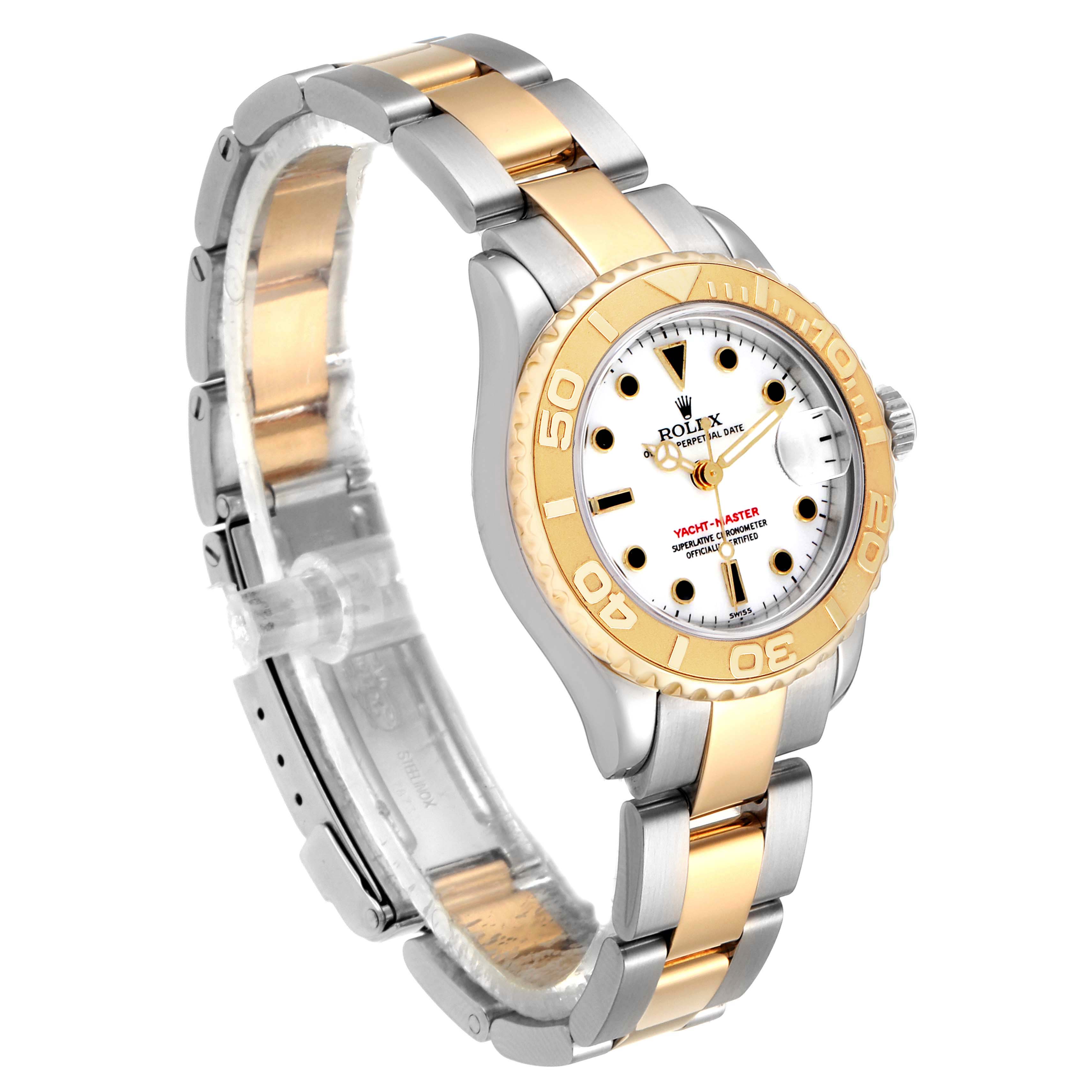 The Rolex Yacht-Master 169623 Women's Steel and Gold (two tone) White Dial 169623 Women's Steel and Gold (two tone) White Dial watch is shown at a three-quarter angle, displaying the bezel, face, bracelet, and clasp.