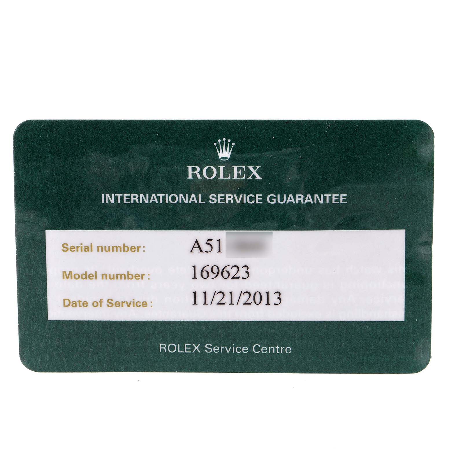 This image shows the Rolex International Service Guarantee card for the Yacht-Master model 169623.