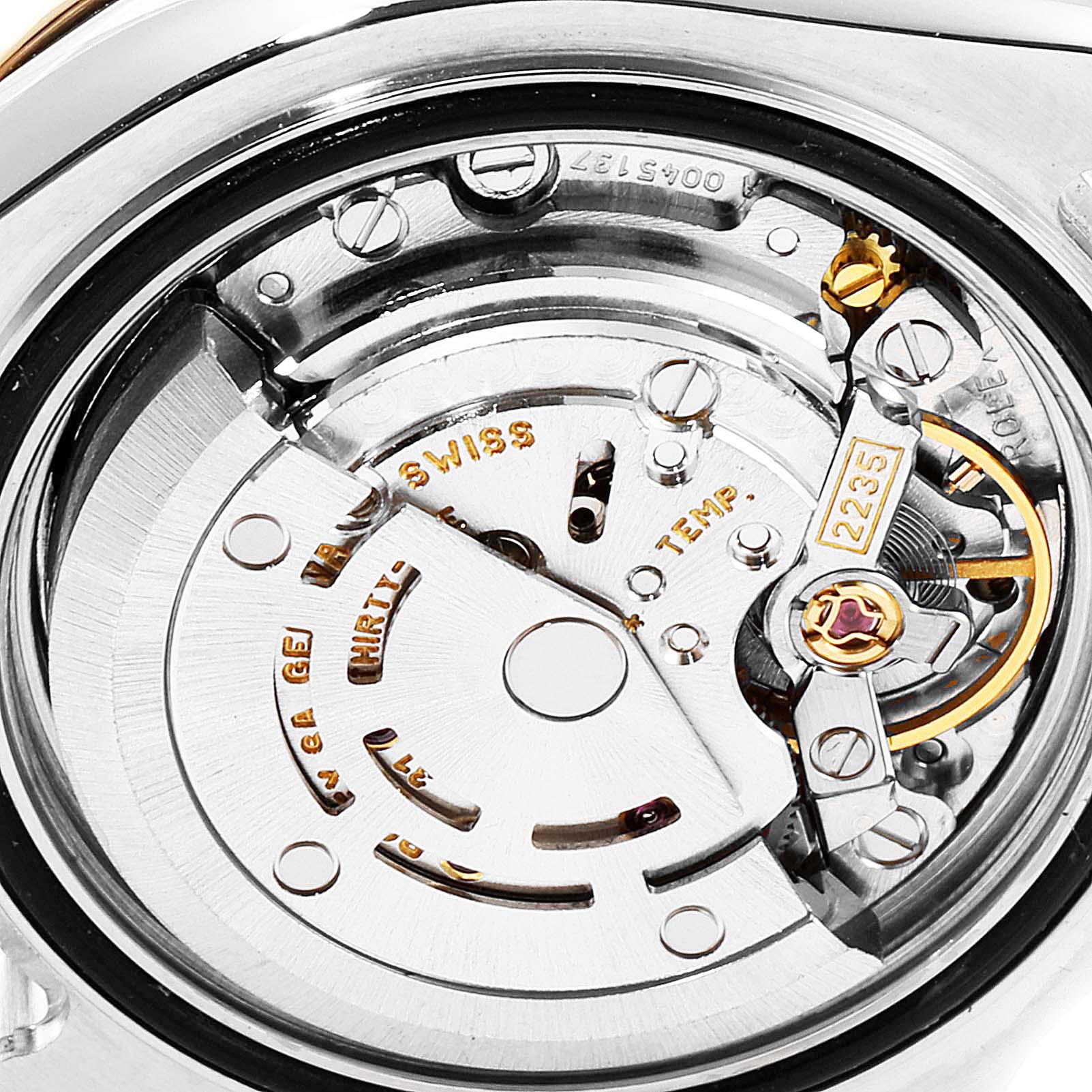 This close-up image shows the internal movement of the Rolex Yacht-Master 169623 Women's Steel and Gold (two tone) White Dial 169623 Women's Steel and Gold (two tone) White Dial watch, specifically the components of the calibre 2235.
