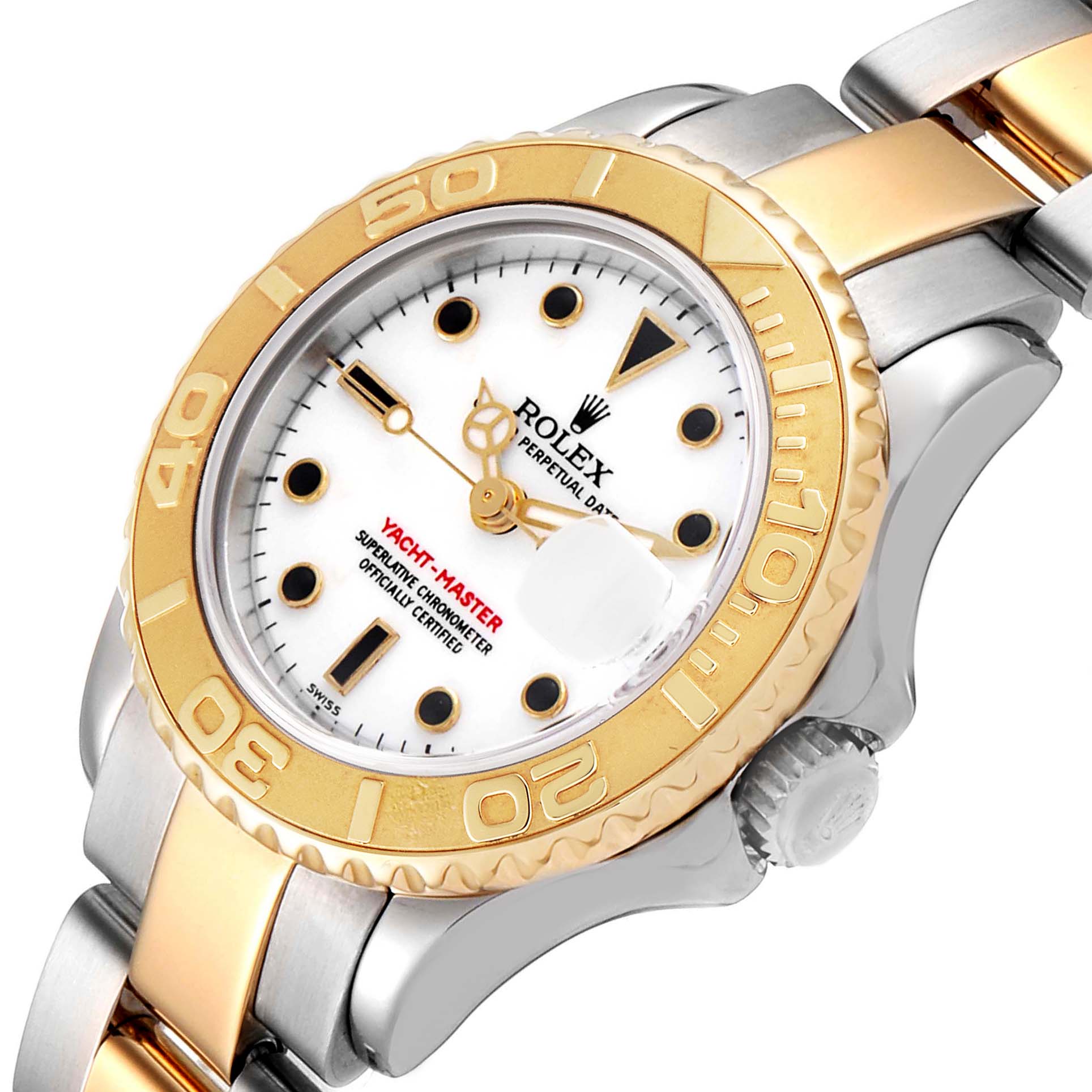 This image shows a Rolex Yacht-Master 169623 Women's Steel and Gold (two tone) White Dial 169623 Women's Steel and Gold (two tone) White Dial watch angled from the left, highlighting the bezel, dial, and part of the bracelet.