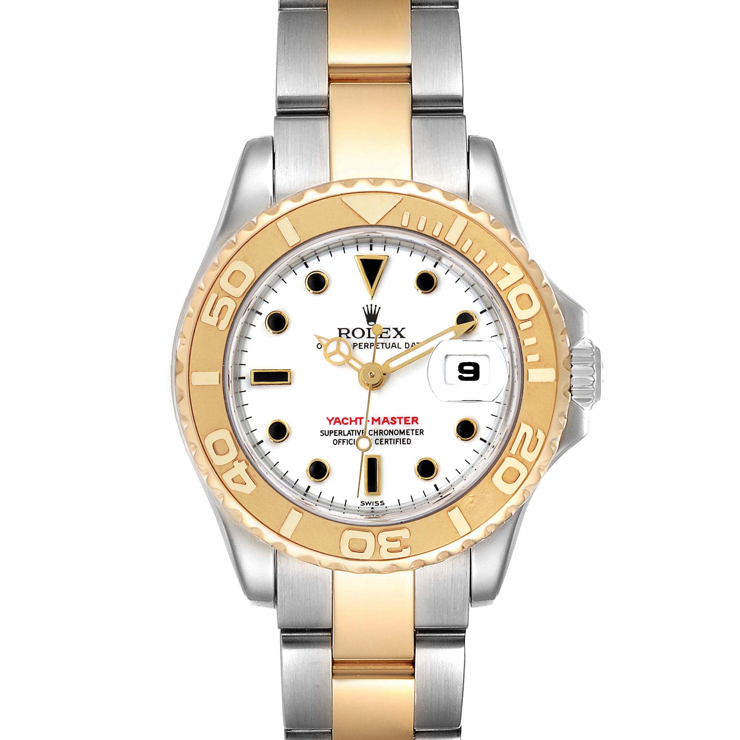 This image shows a front view of a Rolex Yacht-Master 169623 Women's Steel and Gold (two tone) White Dial 169623 Women's Steel and Gold (two tone) White Dial watch, highlighting its dial, bezel, and bracelet.