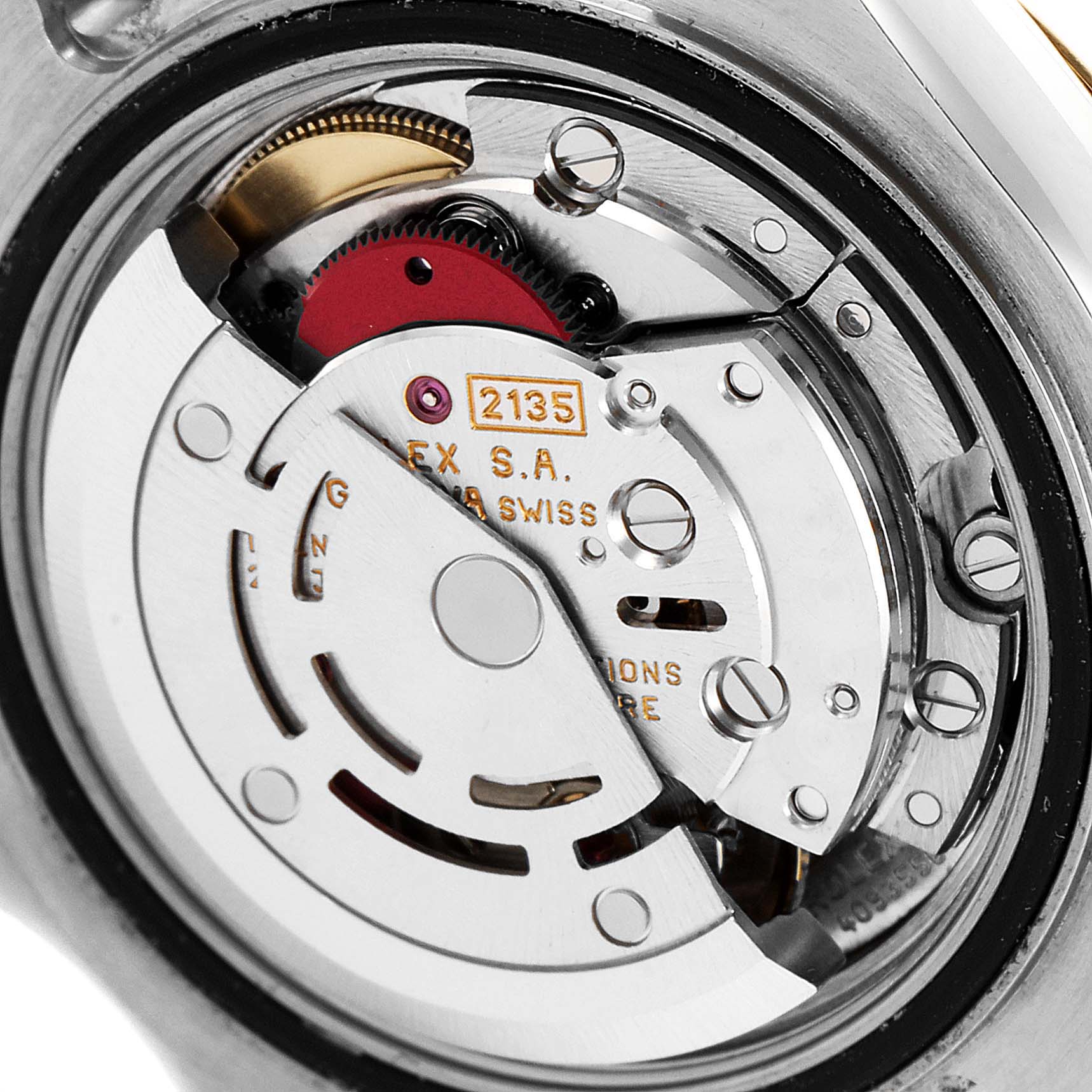 This is a close-up view of the movement mechanism of the Rolex Yacht-Master 69623 Women's Steel and Gold (two tone) Grey Dial 69623 Women's Steel and Gold (two tone) Grey Dial watch.