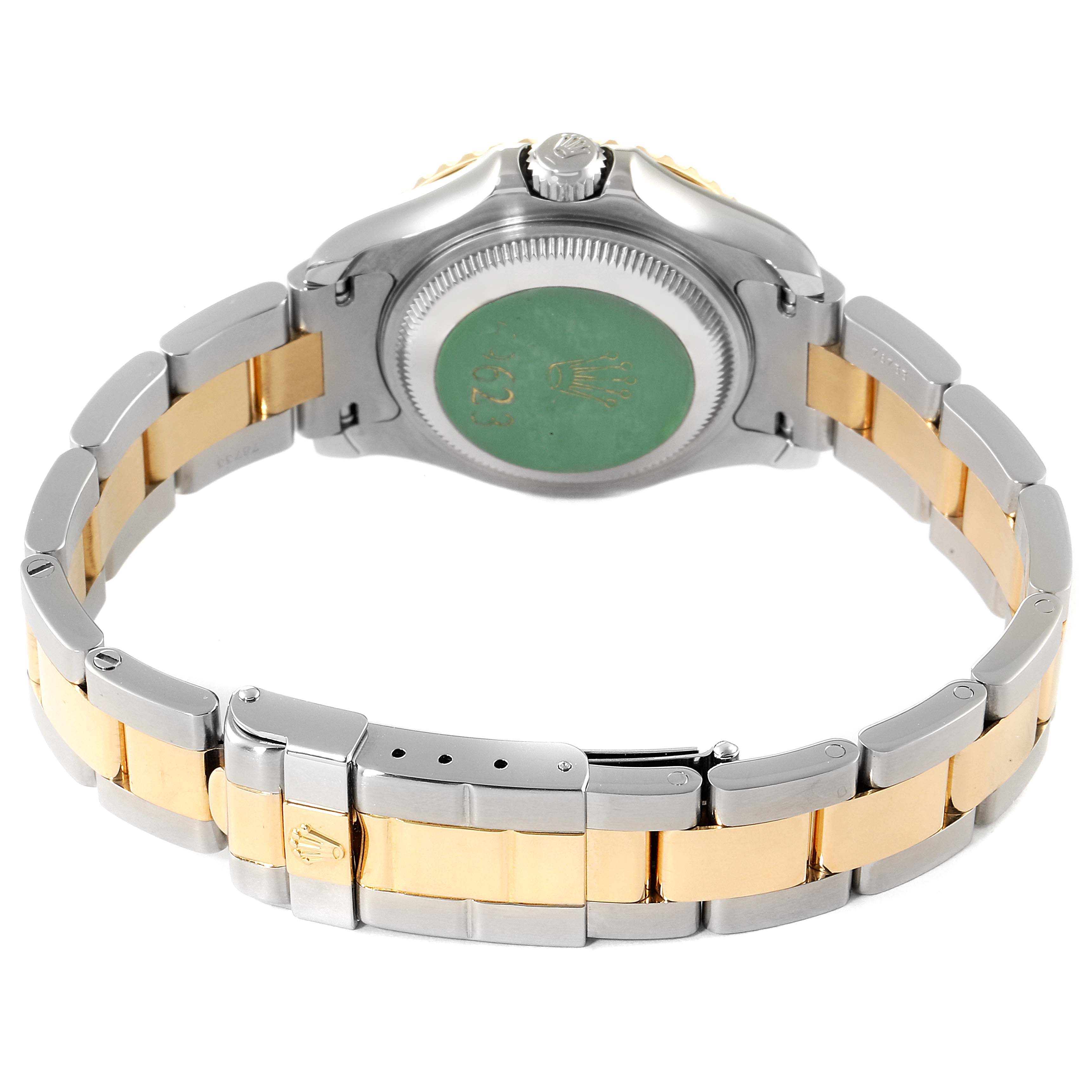 The image shows the back case and bracelet of a Rolex Yacht-Master 69623 Women's Steel and Gold (two tone) Grey Dial 69623 Women's Steel and Gold (two tone) Grey Dial watch in a partially open position.