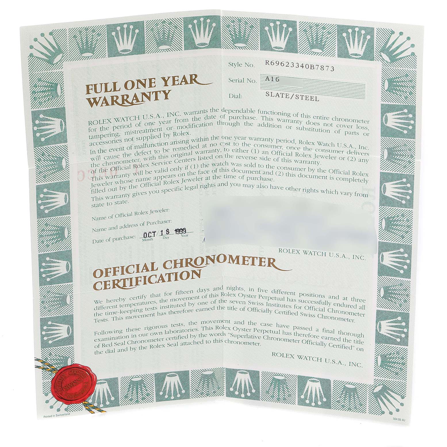 This image shows an official chronometer certification and warranty document by Rolex for the Yacht-Master model.
