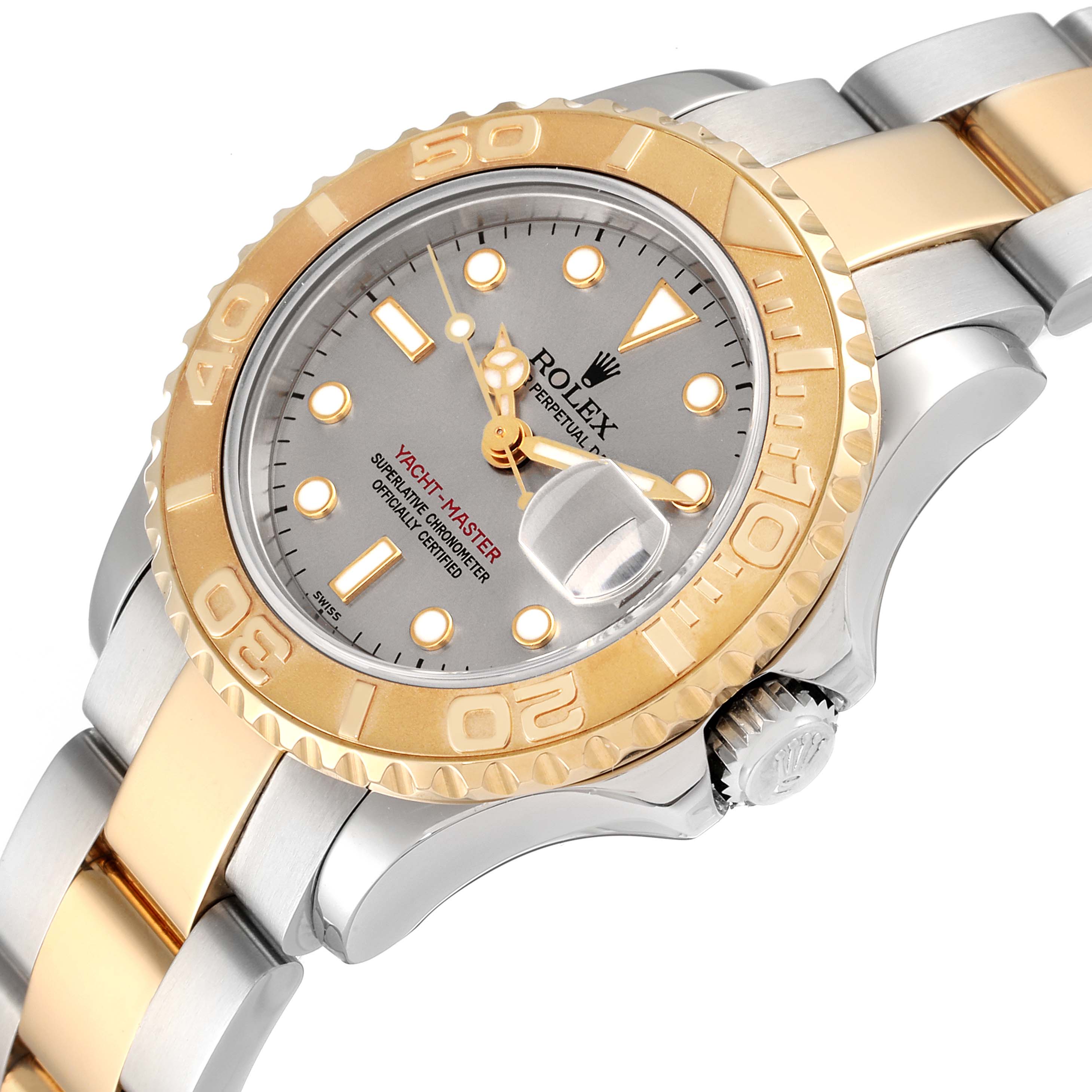 The image shows a Rolex Yacht-Master 69623 Women's Steel and Gold (two tone) Grey Dial 69623 Women's Steel and Gold (two tone) Grey Dial watch angled to display the face, bezel, crown, and part of the bracelet.