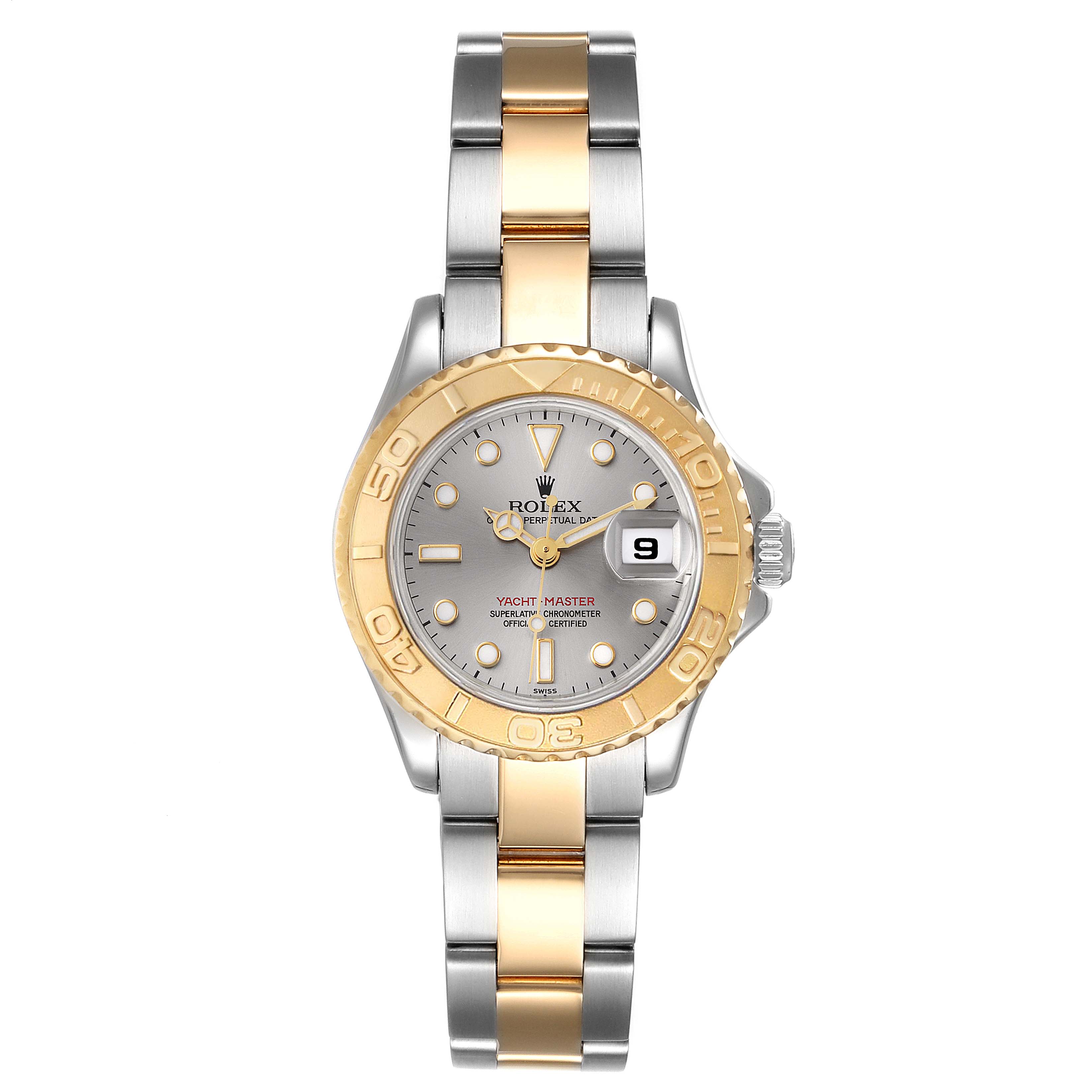 The image shows a front view of a Rolex Yacht-Master 69623 Women's Steel and Gold (two tone) Grey Dial 69623 Women's Steel and Gold (two tone) Grey Dial watch, highlighting its two-tone bracelet and gold bezel.